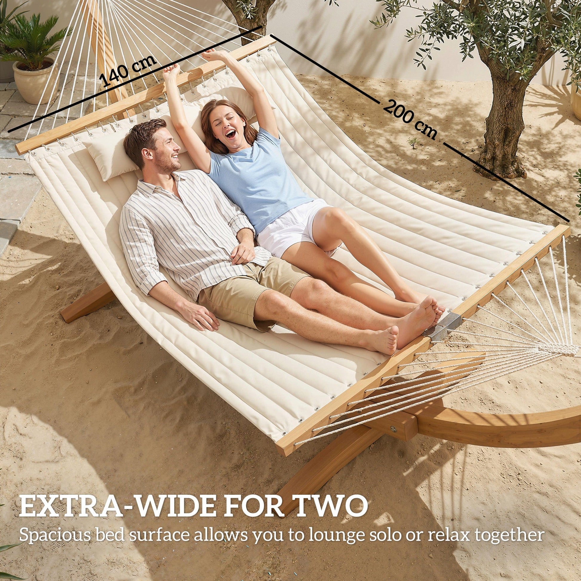 Double Hammock 2-Person with Pillow and Pad, Extra Large 200 x 140 cm, Load Capacity 200 kg, Swing Bed for Patio Porch Garden Lounging Outdoor and Indoor Cream White