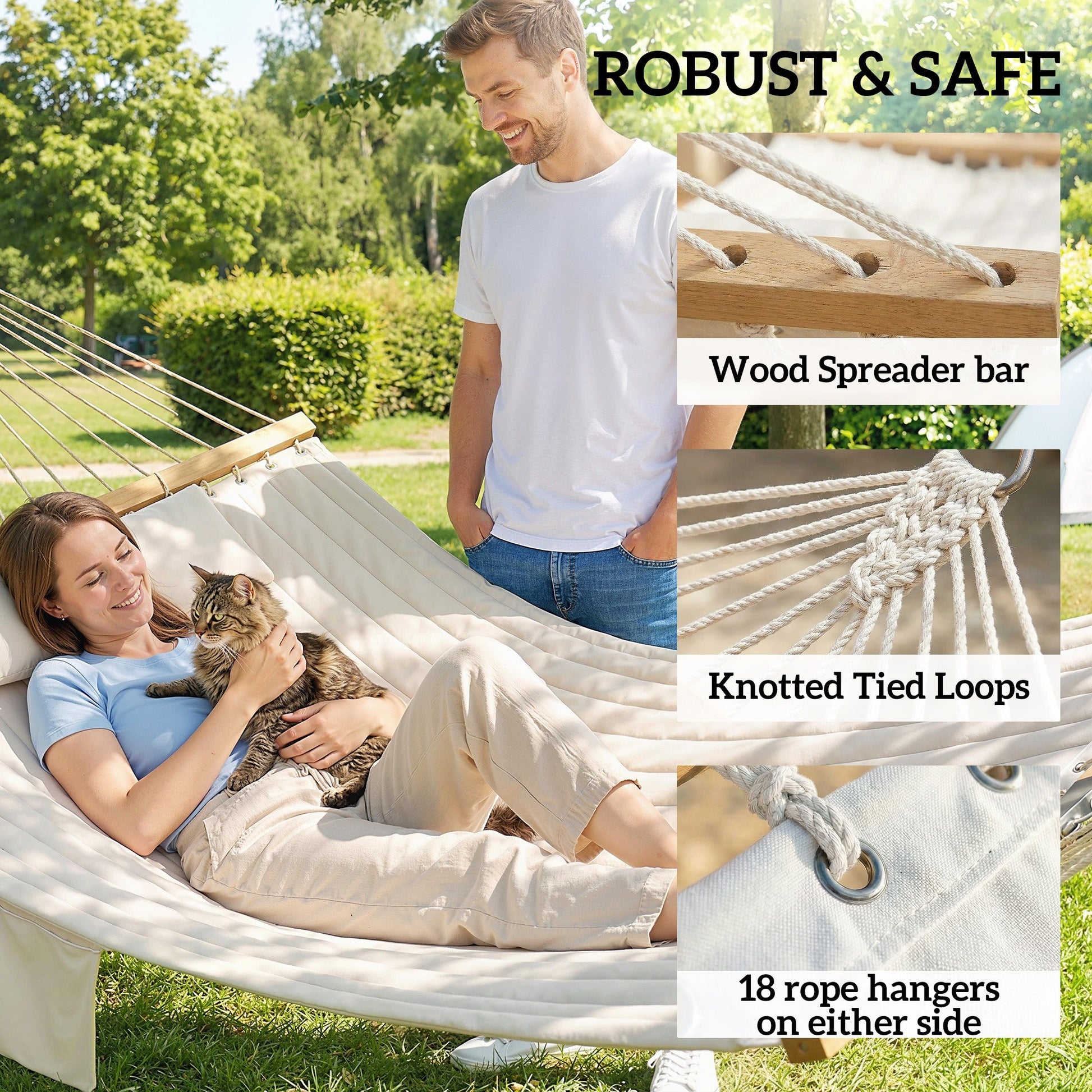 Double Hammock 2-Person with Pillow and Pad, Extra Large 200 x 140 cm, Load Capacity 200 kg, Swing Bed for Patio Porch Garden Lounging Outdoor and Indoor Cream White