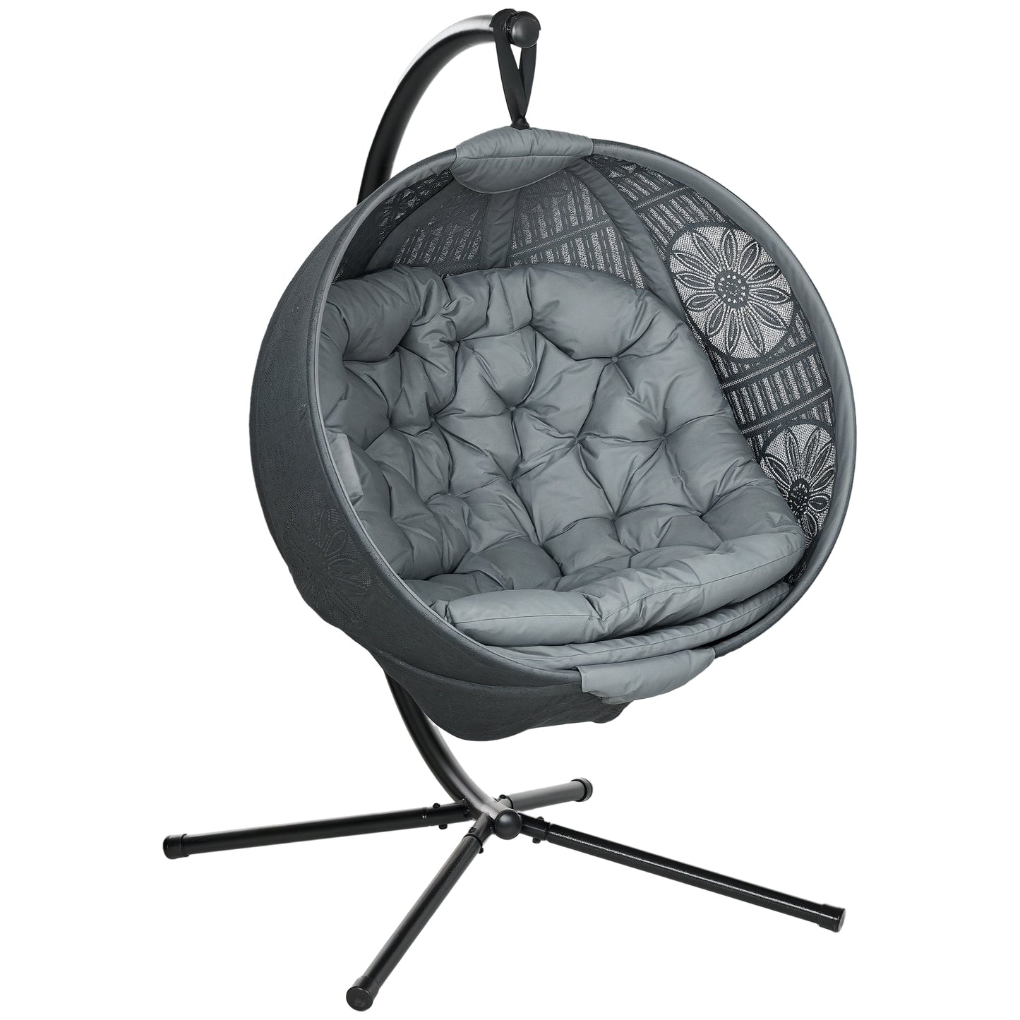 Outdoor Hanging Chair, Swing Chair with Metal Stand, Thick Padded Cushion, Foldable Basket and Side Pocket, for Indoor and Outdoor, Charcoal Grey