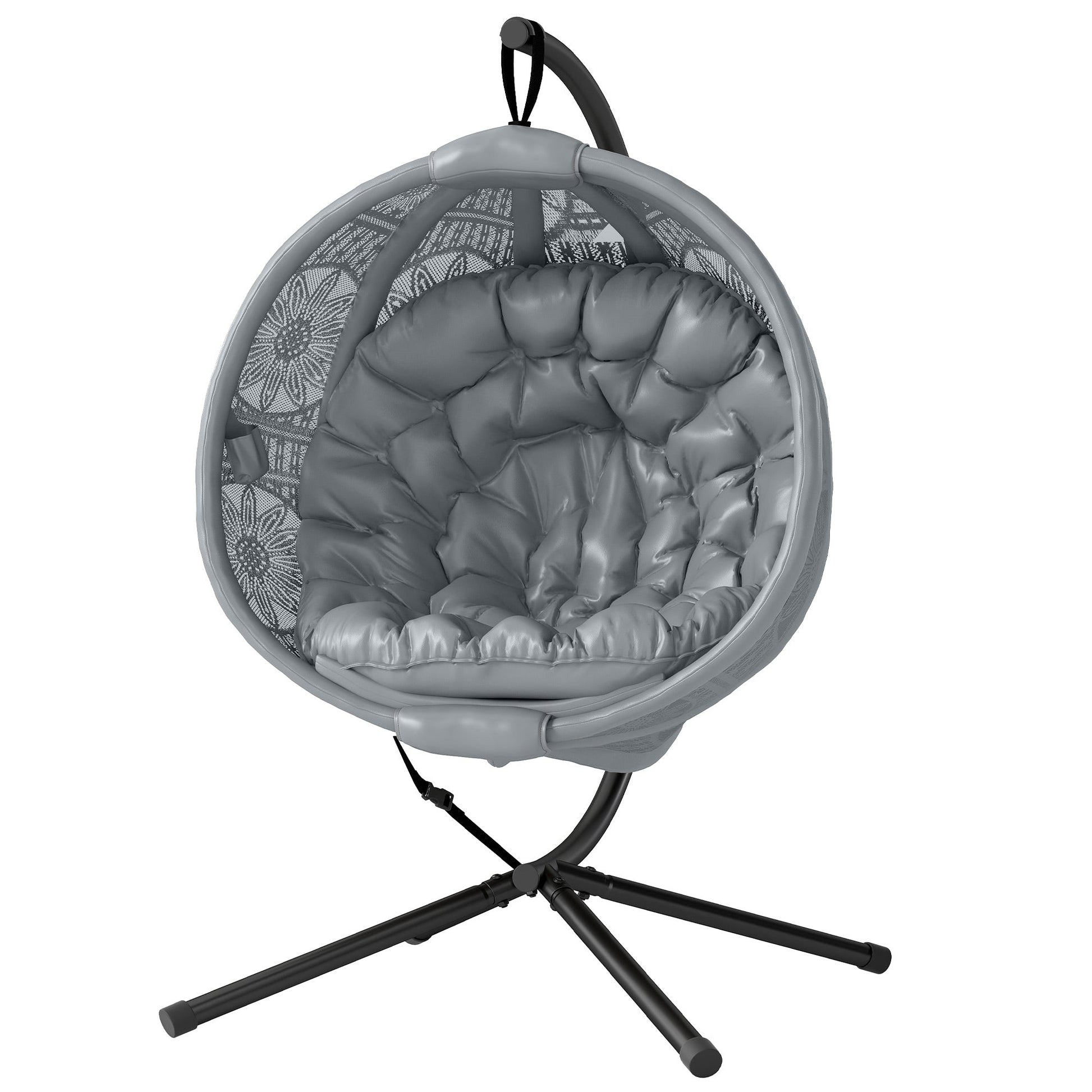 Outdoor Hanging Chair, Swing Chair with Metal Stand, Thick Padded Cushion, Foldable Basket and Side Pocket, for Indoor and Outdoor, Charcoal Grey