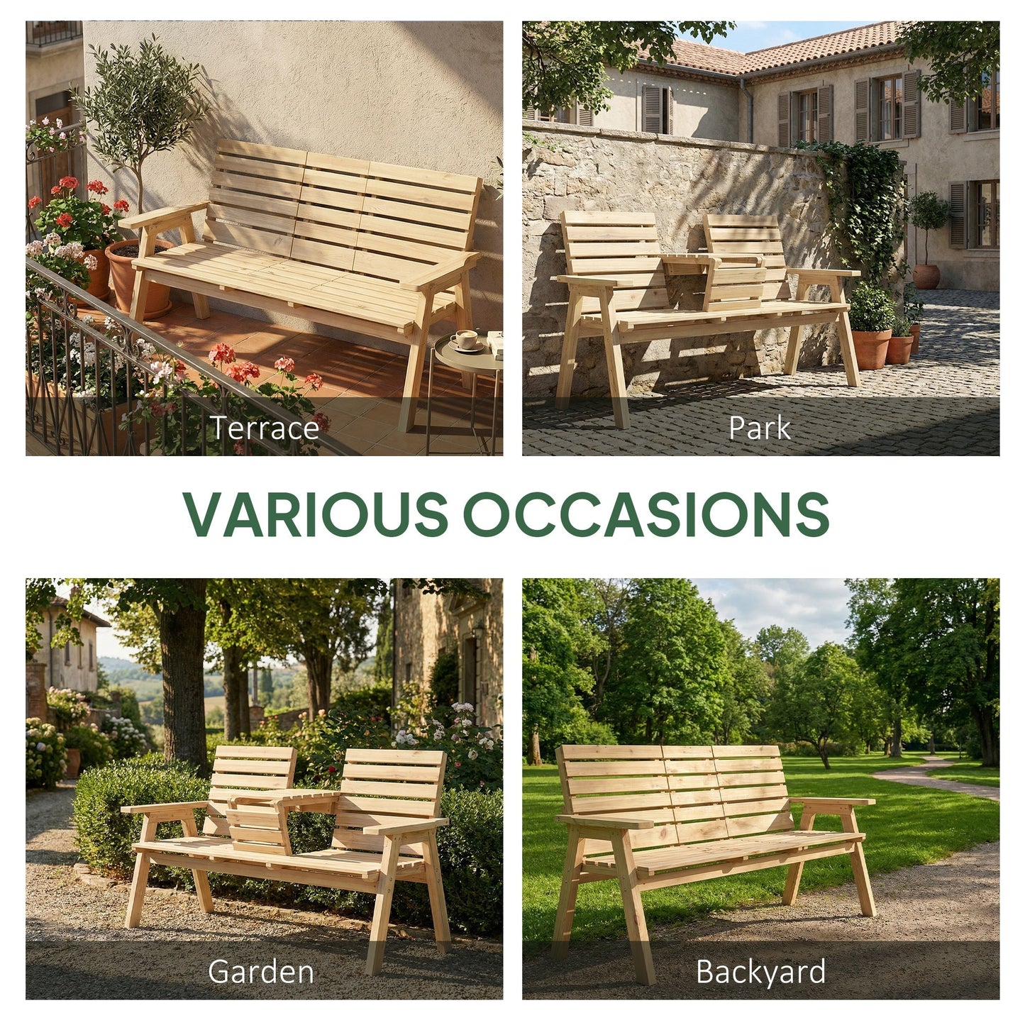 2 Seater Wooden Garden Bench with Convertible Middle Table, Outdoor Three-Seater Bench for Patio, Park, Porch, Natural Wood Finish