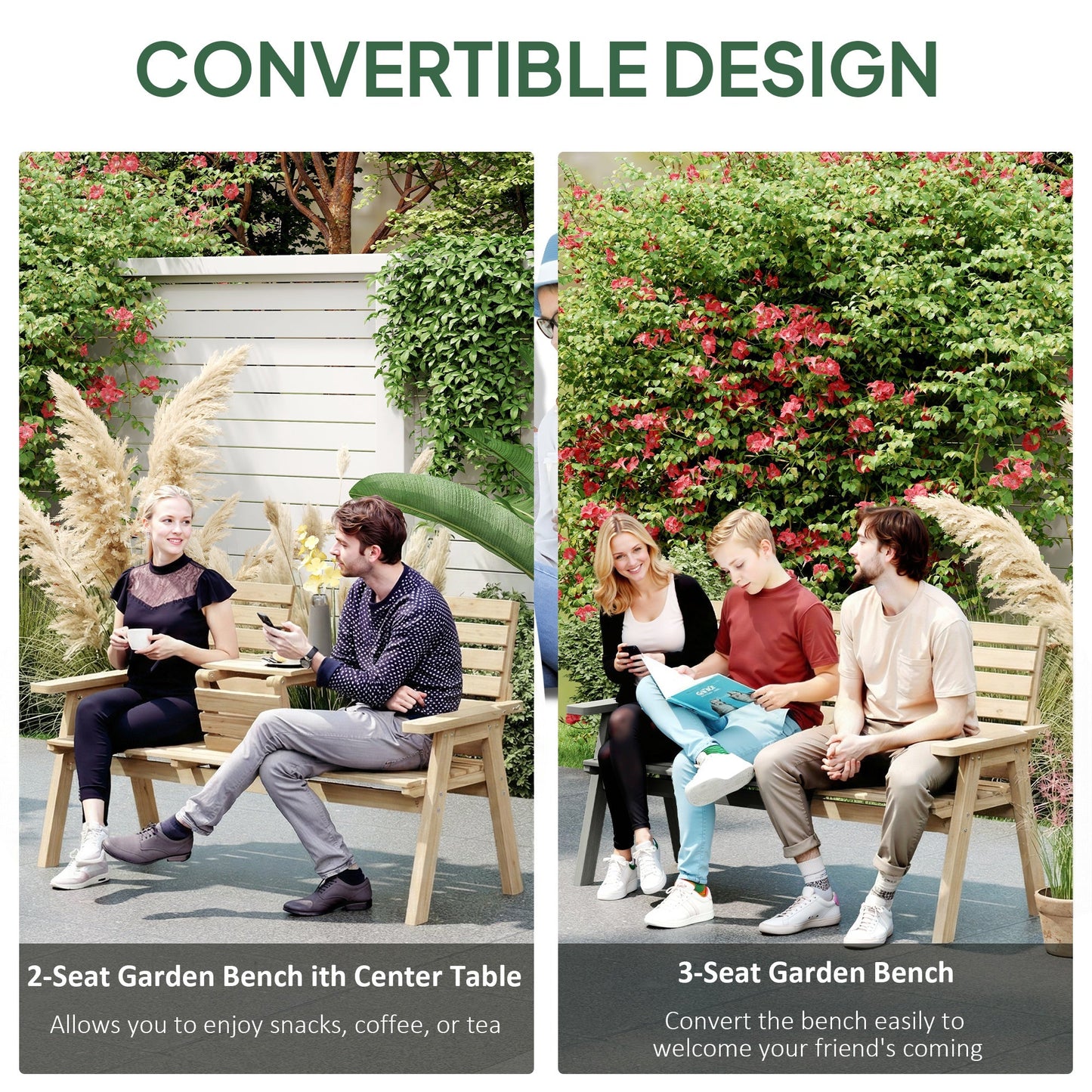 2 Seater Wooden Garden Bench with Convertible Middle Table, Outdoor Three-Seater Bench for Patio, Park, Porch, Natural Wood Finish