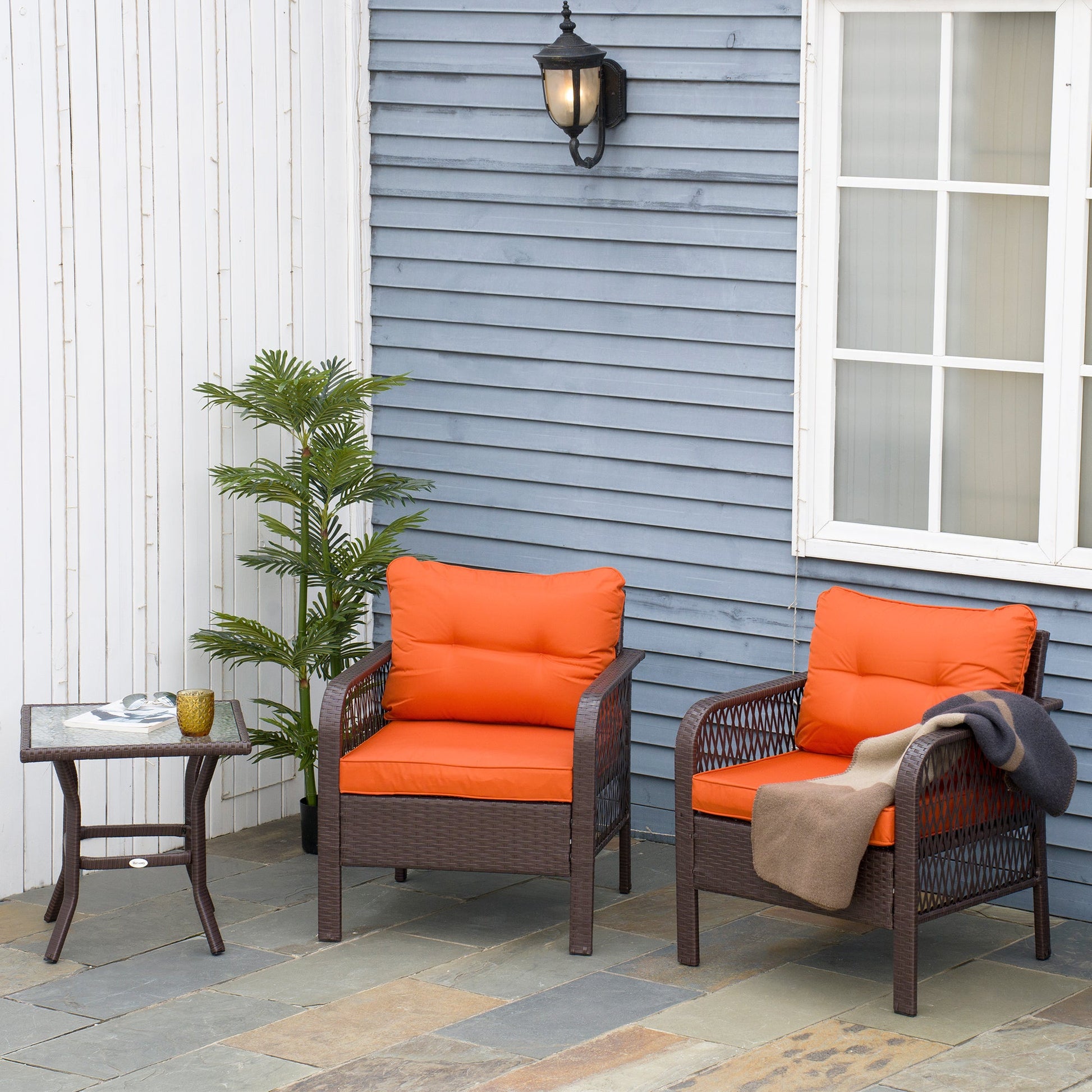 3 Pieces Rattan Bistro Set, Wicker Garden Furniture Set with Glass Top Coffee Table and Chairs, Thickened Cushions for Outdoor, Patio, Balcony, Orange
