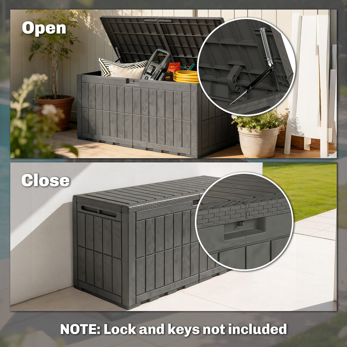 440L Garden Storage Box, Waterproof Resin Deck Box with Lockable Lid, Pneumatic Gas Rods, Side Handles, UV Resistant Wood Texture Outdoor Patio Storage Container for Garden Tools