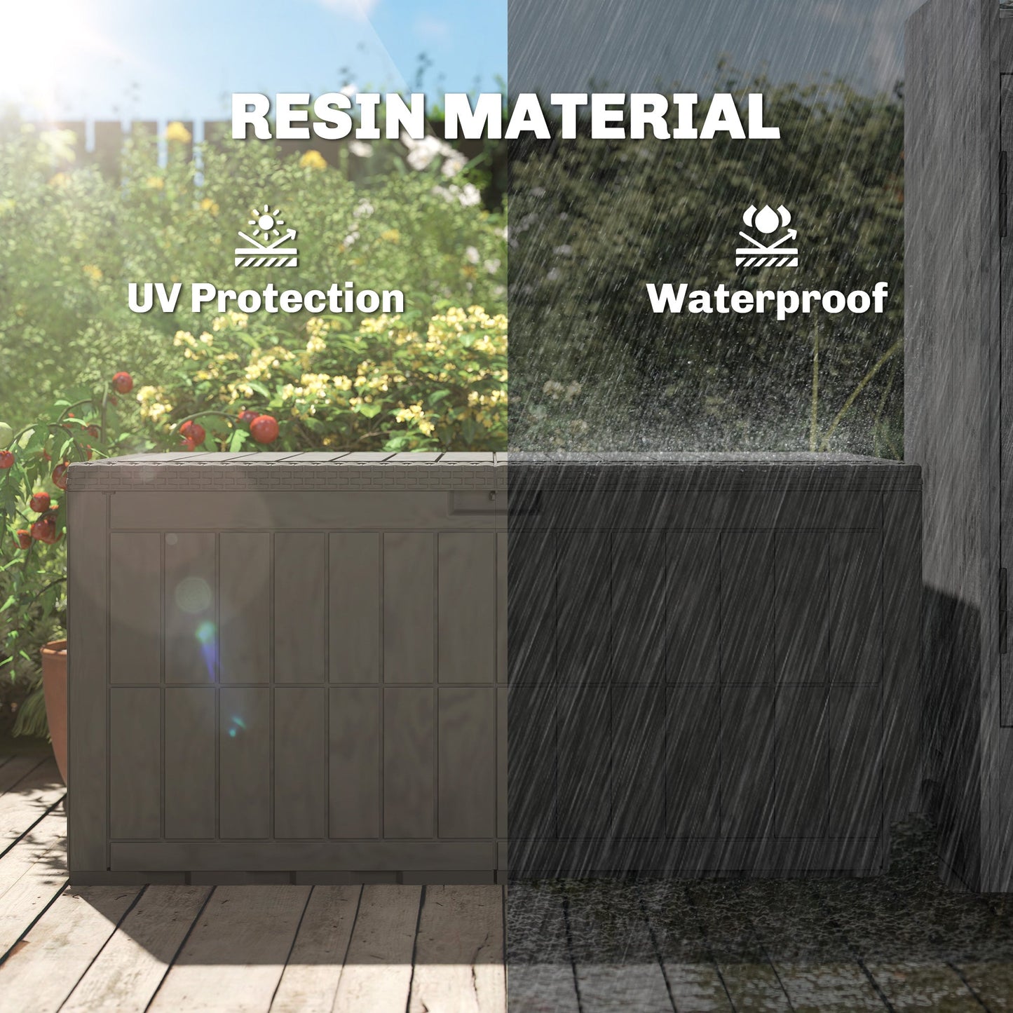 440L Garden Storage Box, Waterproof Resin Deck Box with Lockable Lid, Pneumatic Gas Rods, Side Handles, UV Resistant Wood Texture Outdoor Patio Storage Container for Garden Tools