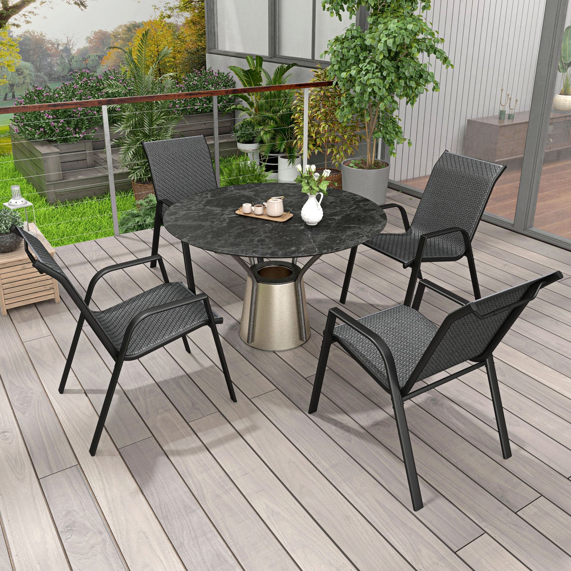 Stackable Outdoor Chairs Set of 4, Rattan Garden Chairs with Armrests and Backrest for Deck, Grey