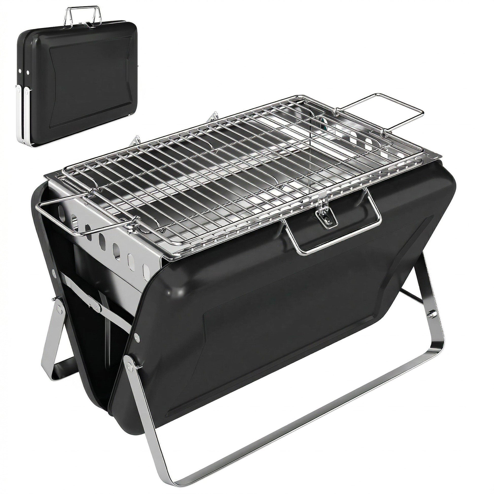 Portable BBQ Grill, Folding Charcoal Barbecue Grill with Handle and Foldable Legs for Camping Garden Outdoor Cooking, Black