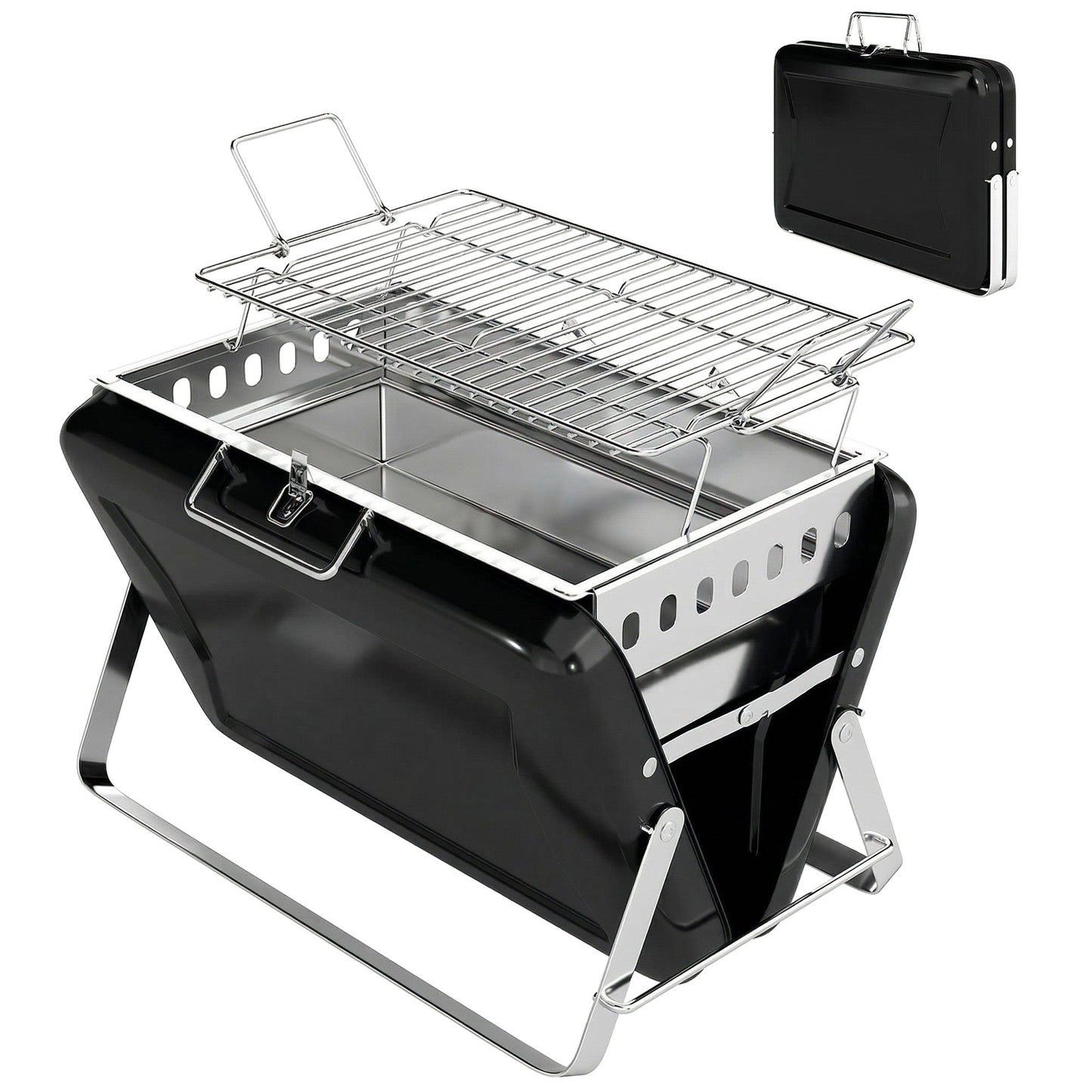 Portable BBQ Grill, Folding Charcoal Barbecue Grill with Handle and Foldable Legs for Camping Garden Outdoor Cooking, Black