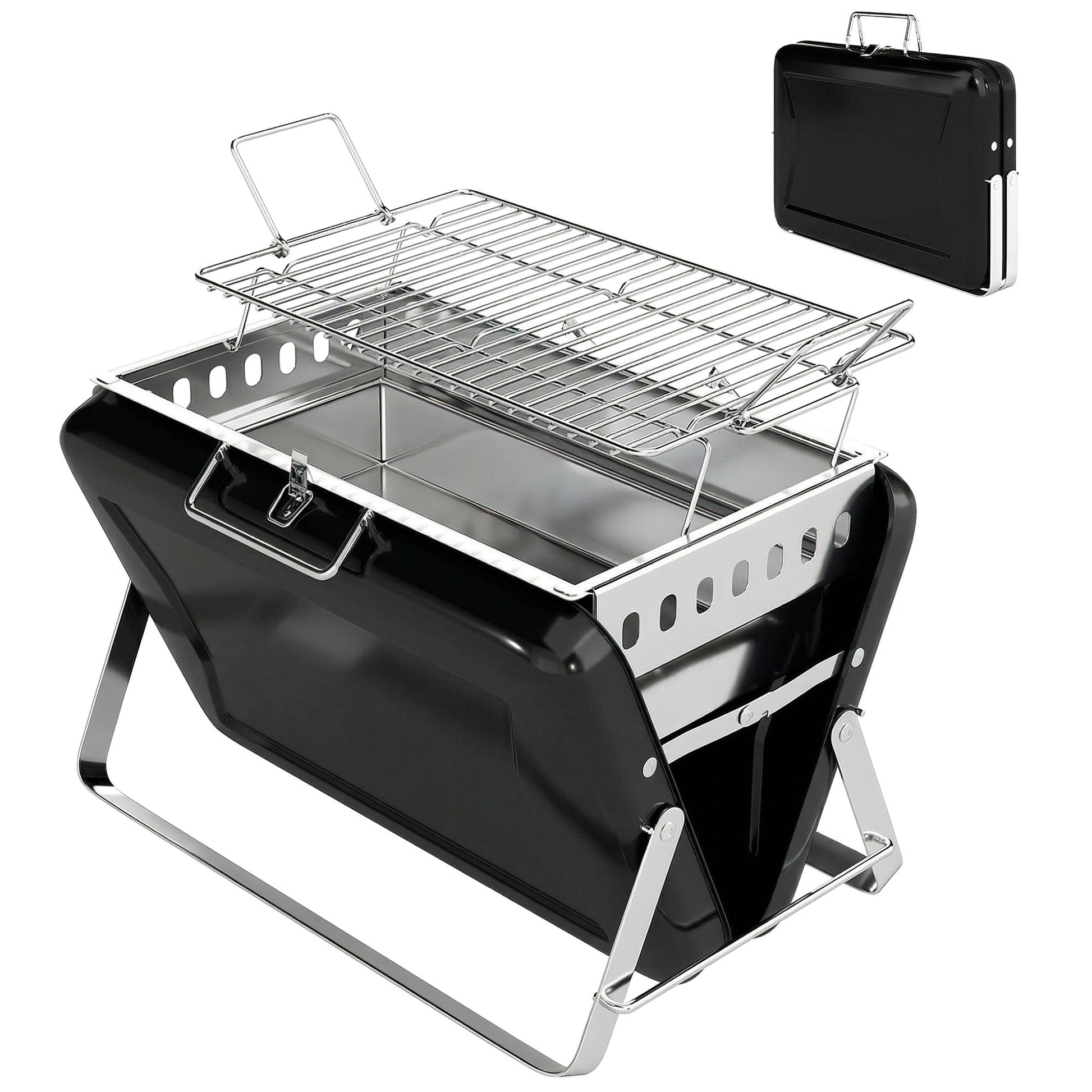 Portable BBQ Grill, Folding Charcoal Barbecue Grill with Handle and Foldable Legs for Camping Garden Outdoor Cooking, Black
