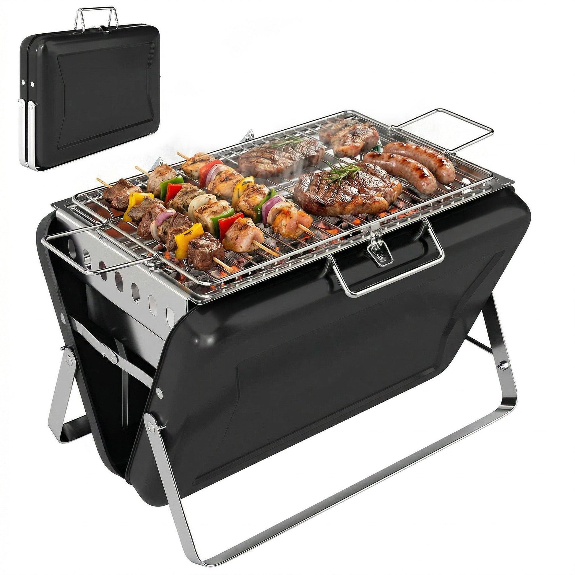 Portable BBQ Grill, Folding Charcoal Barbecue Grill with Handle and Foldable Legs for Camping Garden Outdoor Cooking, Black