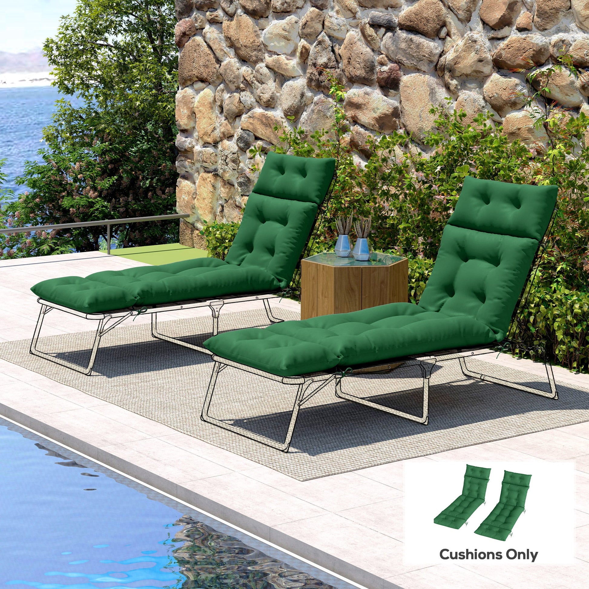 Sun Lounger Cushions Only, 190x56x10cm Garden Lounge Chair Cushions Set of 2, UPF20+ 220gsm Fabric, Thick Sunbed Replacement Pads with 6 Ties, Green
