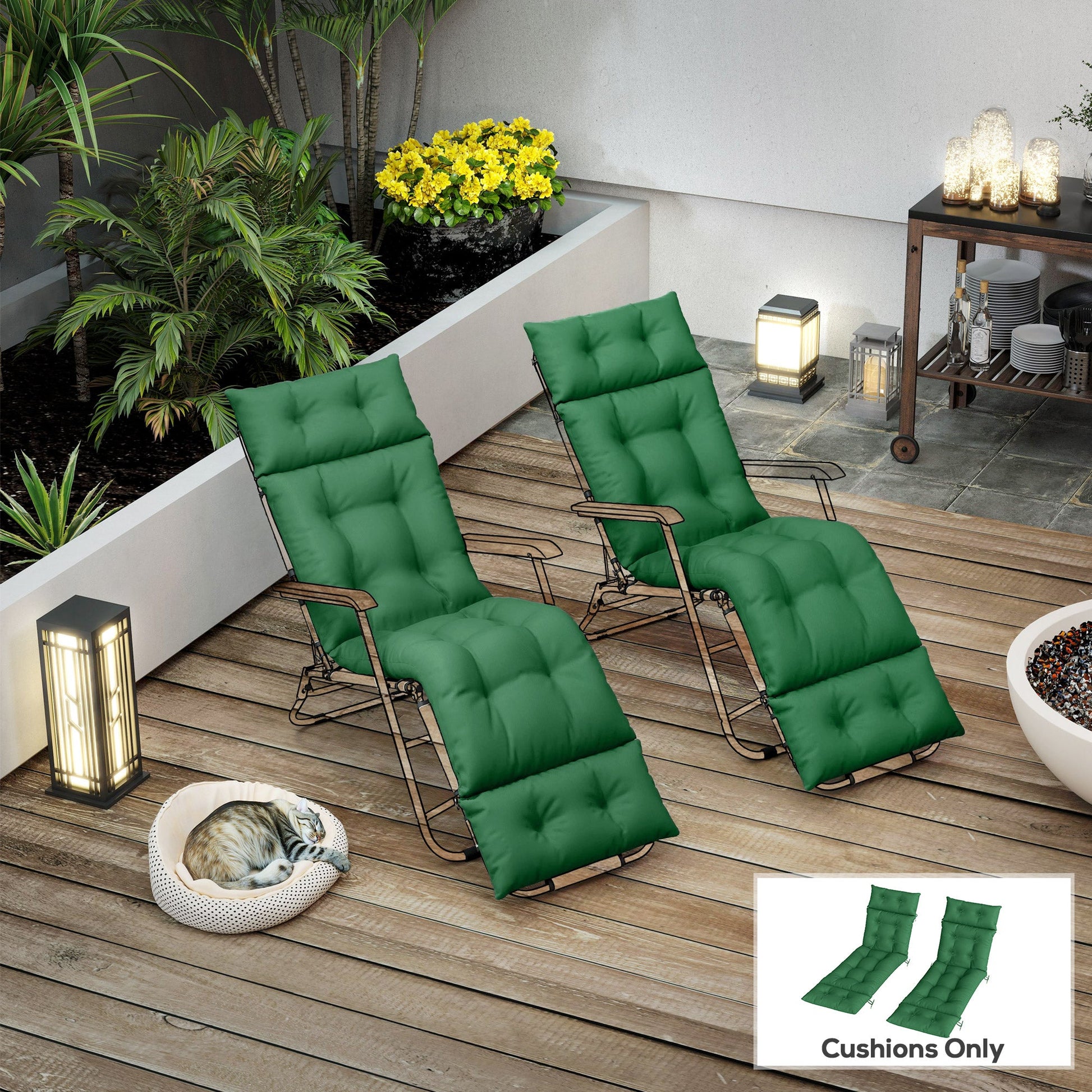 Sun Lounger Cushions Only, 190x56x10cm Garden Lounge Chair Cushions Set of 2, UPF20+ 220gsm Fabric, Thick Sunbed Replacement Pads with 6 Ties, Green