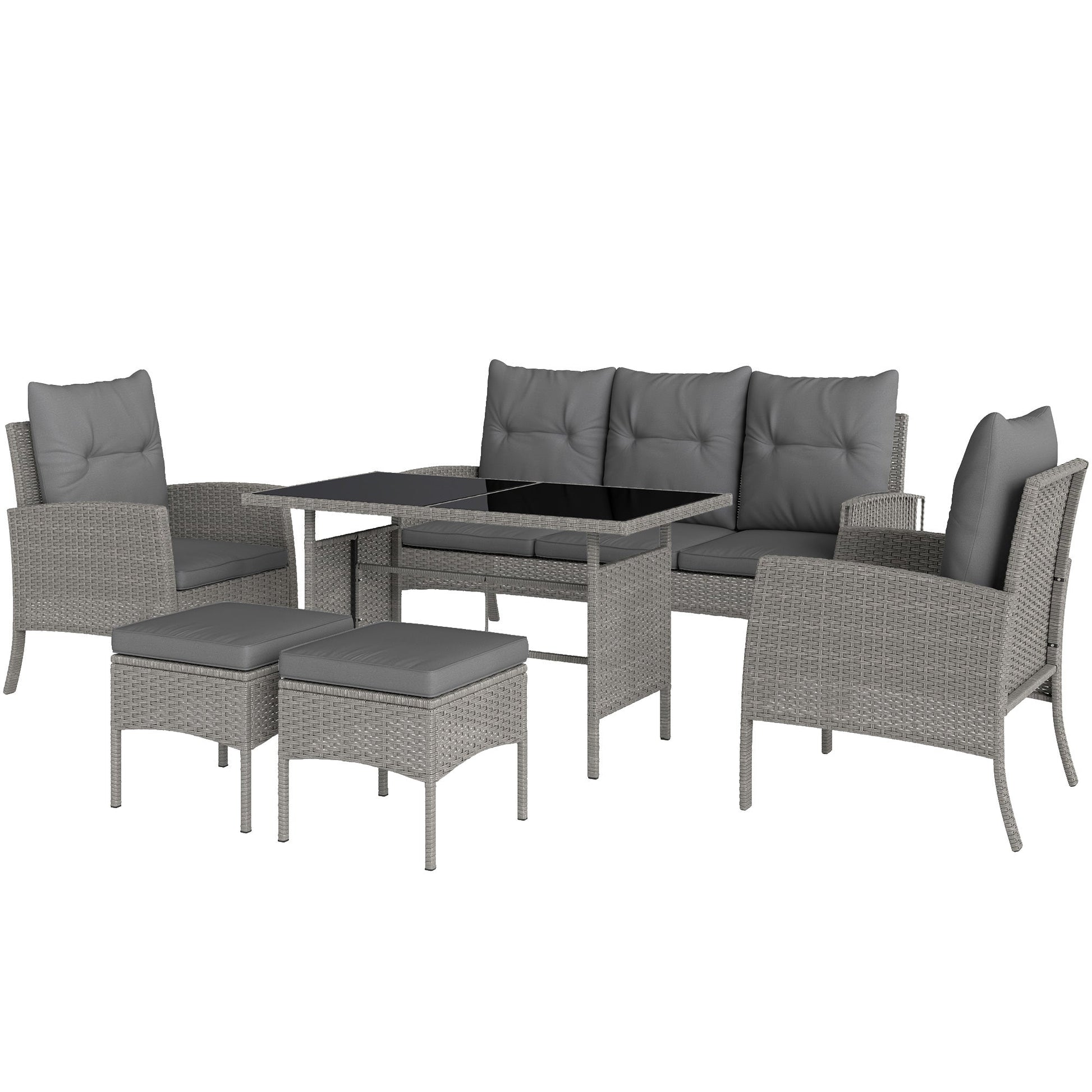 5 Seater Rattan Garden Furniture Set, 2 Armchairs, 3-Seater Wicker Sofa, 2 Footstools and Glass Table, 6 Piece Patio Rattan furniture Sofa Sets with Cushions for Conservatory, Grey