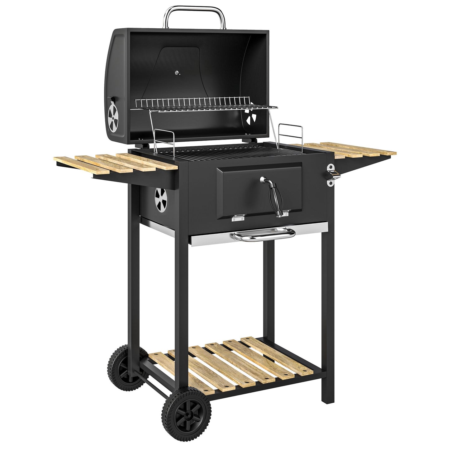 Charcoal BBQ Grill with Height Adjustable Charcoal Pan, Barbecue Smoker with Warming Rack, 3 Shelves, Temperature Gauge, Wheels, Bottle Opener for Outdoor Cooking Garden Party