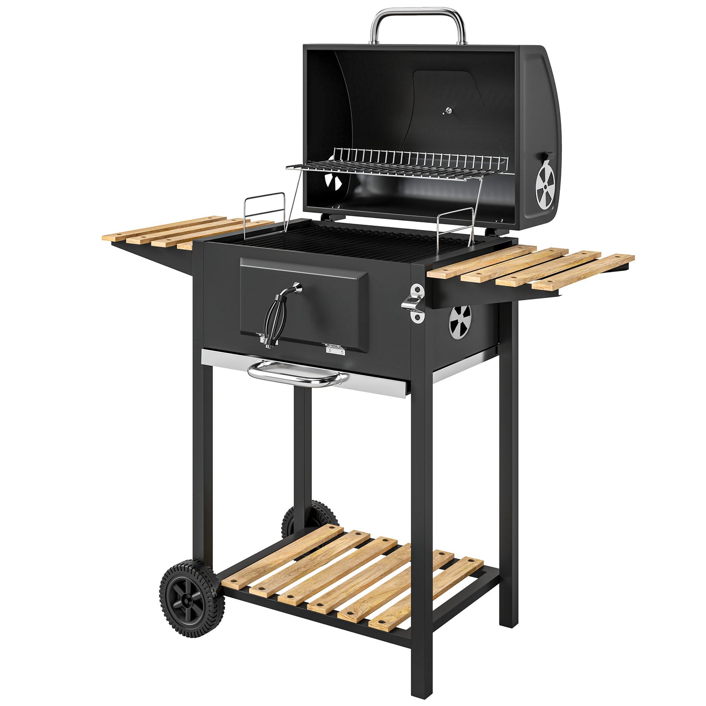 Charcoal BBQ Grill with Height Adjustable Charcoal Pan, Barbecue Smoker with Warming Rack, 3 Shelves, Temperature Gauge, Wheels, Bottle Opener for Outdoor Cooking Garden Party