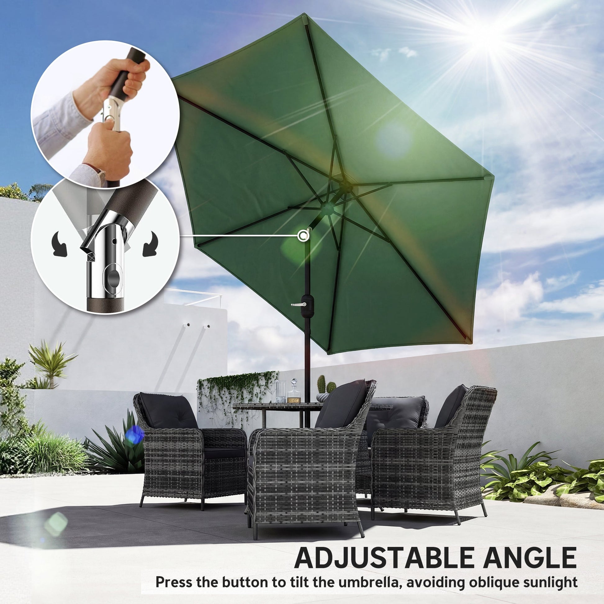 2.6 m Garden Parasol Umbrella with Aluminium Pole, Outdoor Table Market Patio Umbrella Sun Shade with Tilt and Crank, Vent, Dark Green