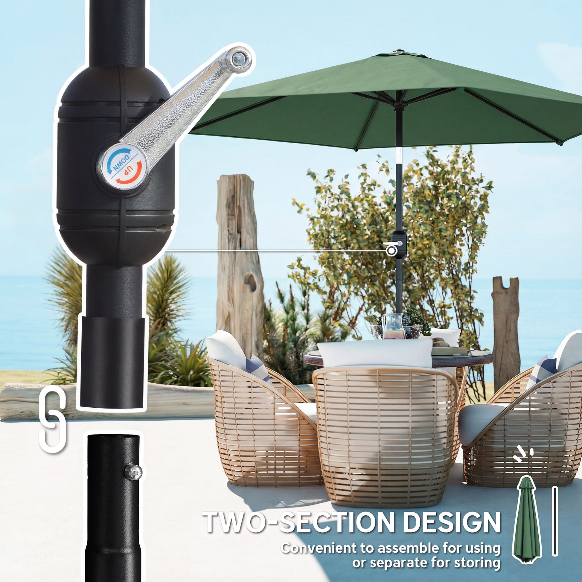 2.6 m Garden Parasol Umbrella with Aluminium Pole, Outdoor Table Market Patio Umbrella Sun Shade with Tilt and Crank, Vent, Dark Green