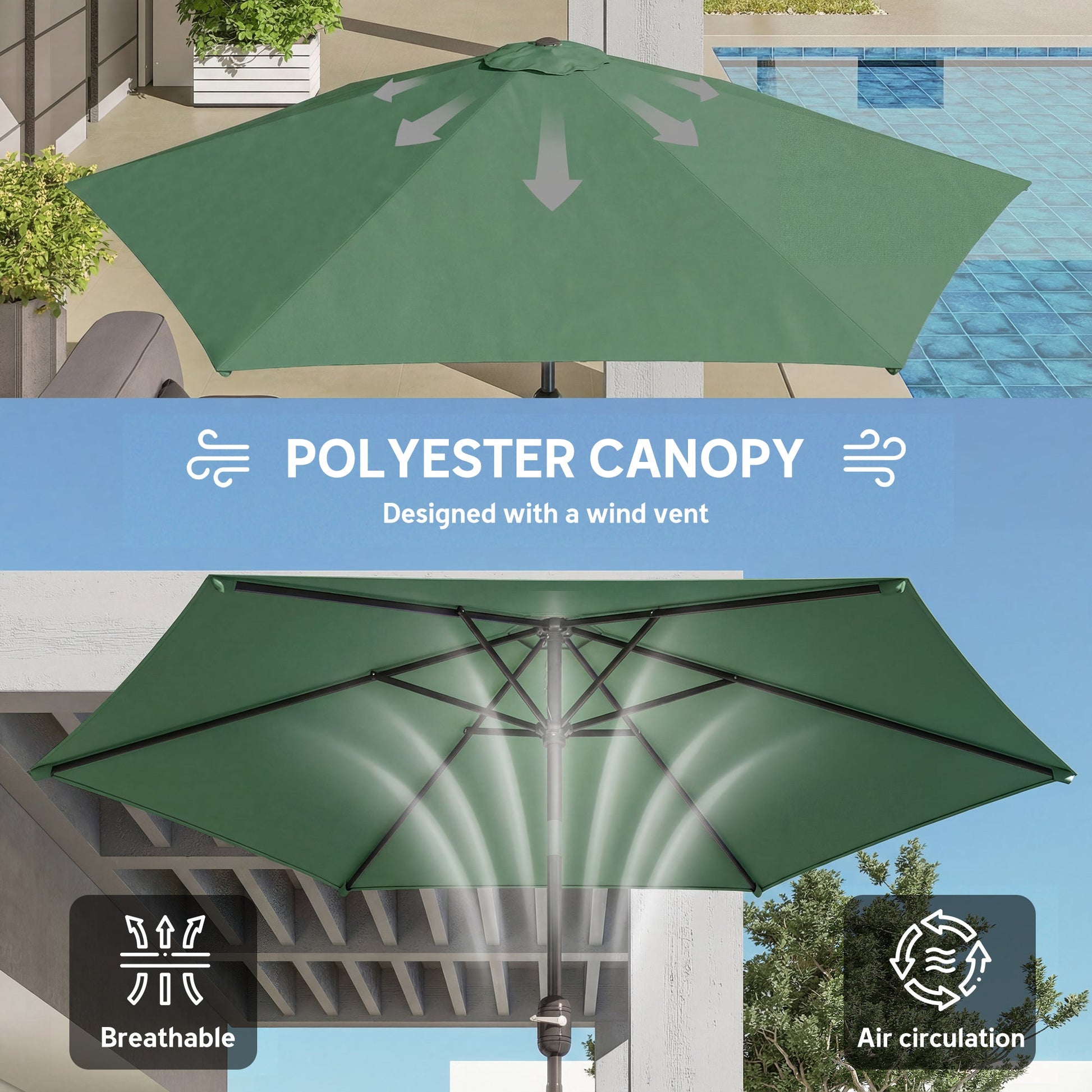 2.6 m Garden Parasol Umbrella with Aluminium Pole, Outdoor Table Market Patio Umbrella Sun Shade with Tilt and Crank, Vent, Dark Green
