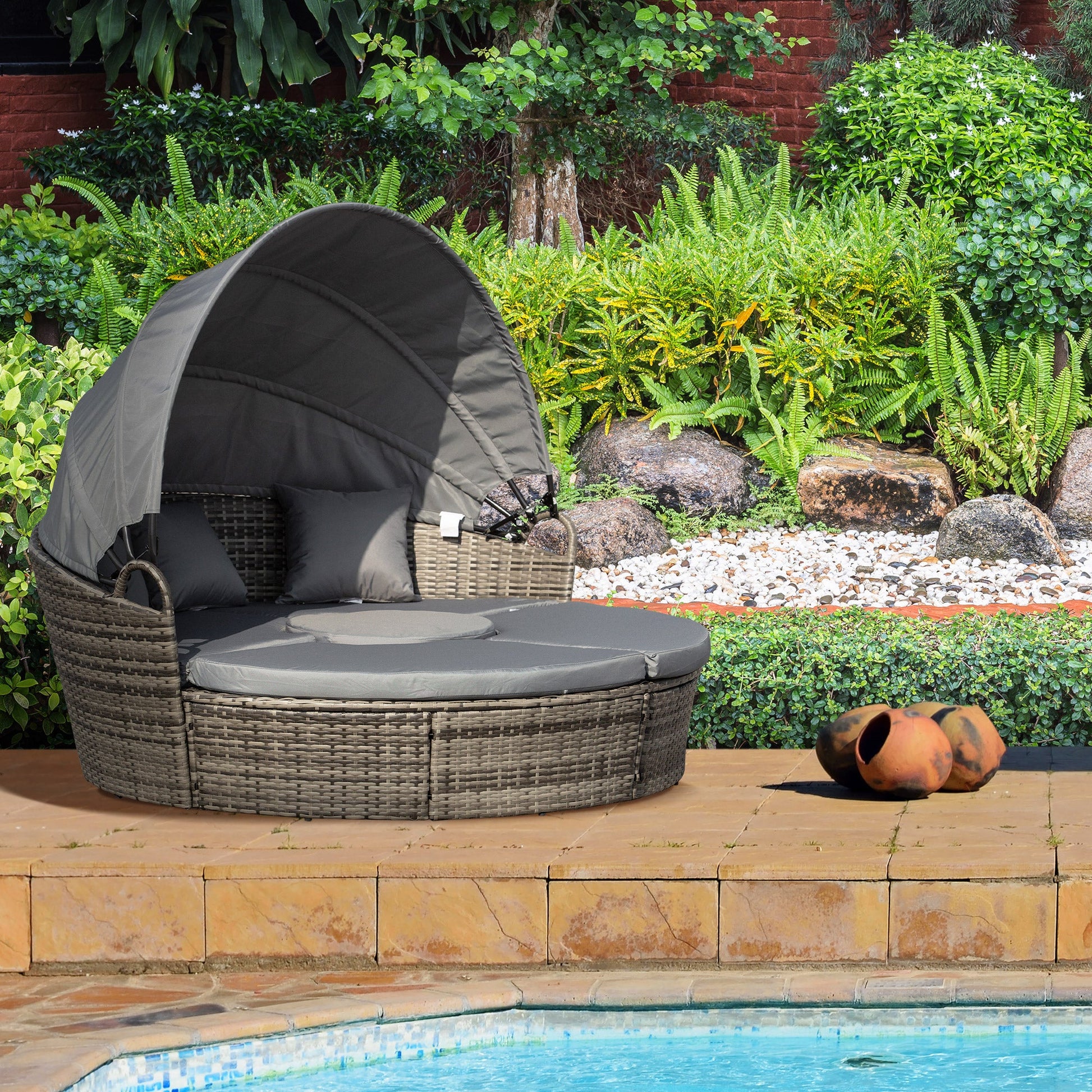 Outdoor PE Rattan Garden Furniture with Cushioned, Patio Wicker Conversation Furniture Set, Round Daybed with Retractable Canopy, Coffee Table and Three Pillows, Dark Grey/Grey
