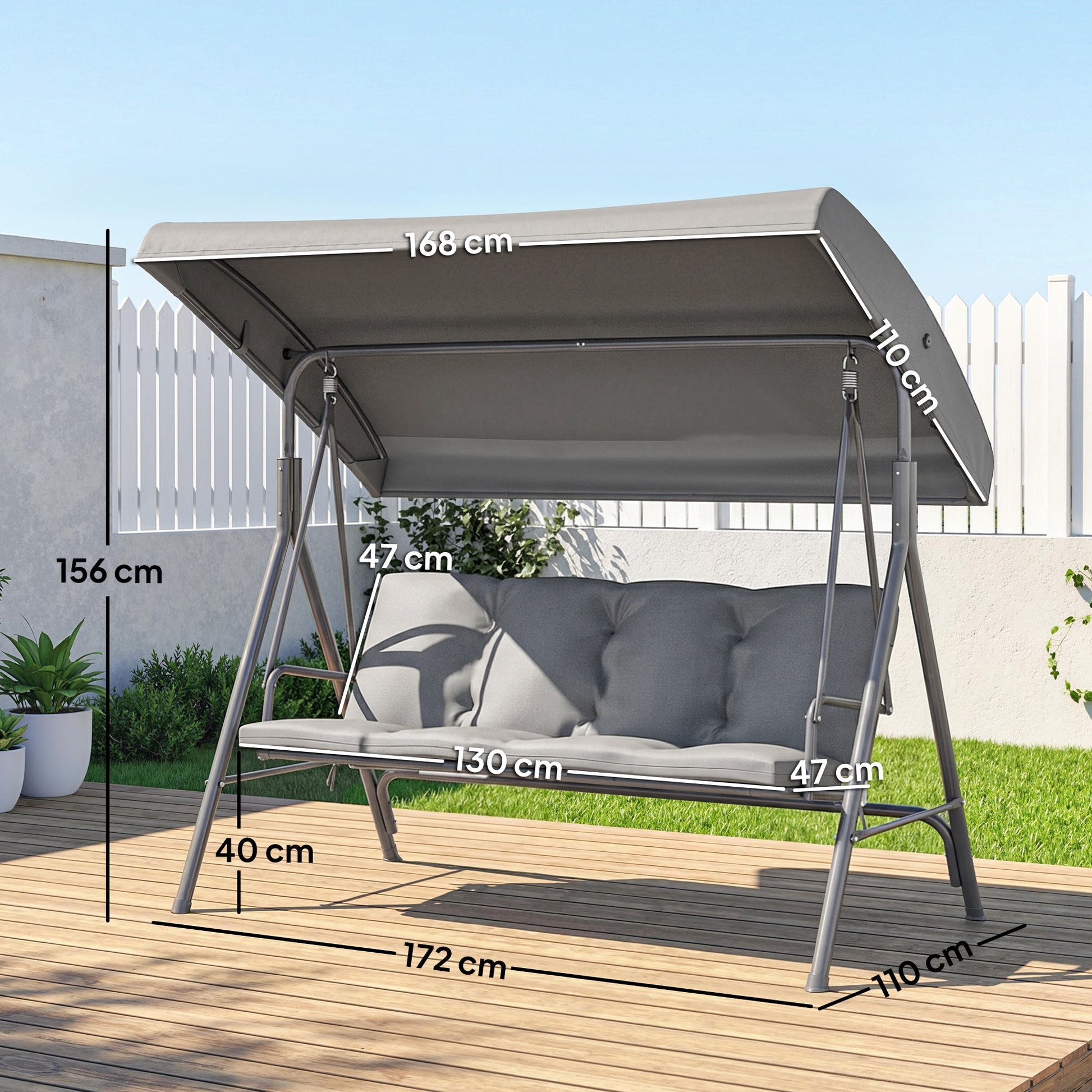 3 Seater Garden Swing Chair, Patio Rocking Bench with Tilting Canopy, Removable Cushion and Steel Frame, Dark Grey