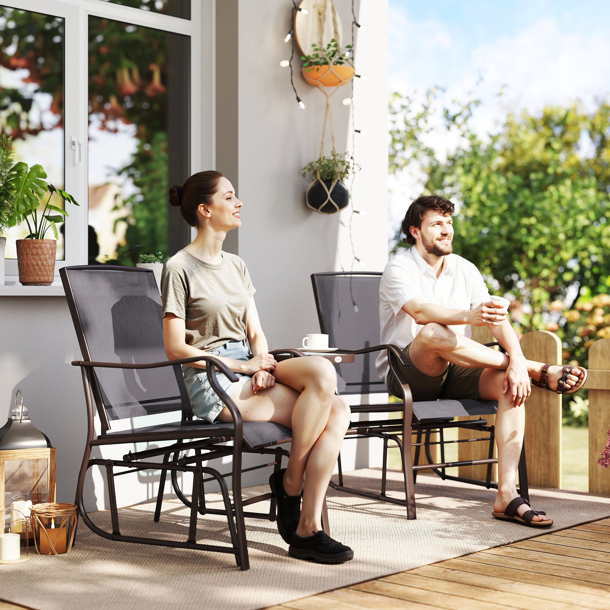 Outdoor Double Glider Rocking Chairs with Glass Top Middle Table, Metal Gliding Love Seat Conversation Furniture with Breathable Mesh Fabric Seat, for Garden, Patio, Grey