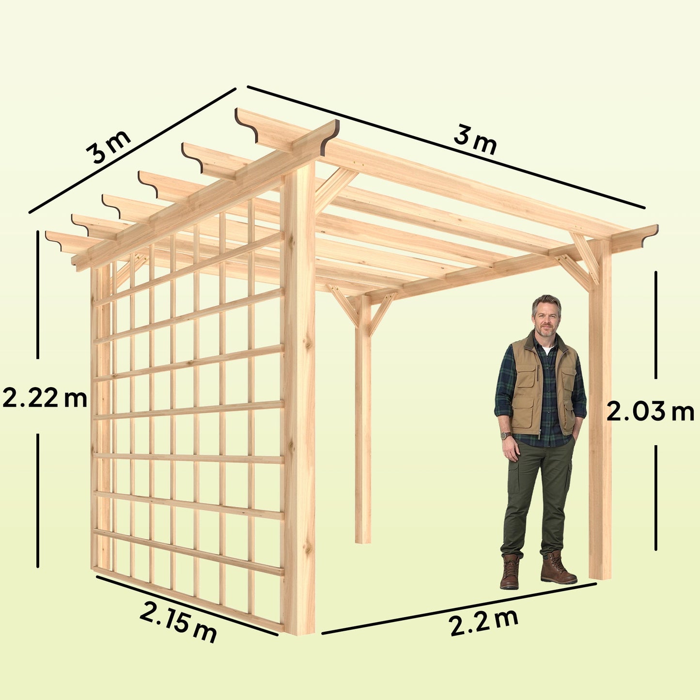 3 x 3 m Wooden Pergola Kit, Garden Pergola Gazebo Arch with Grape Trellis, Triangle Supports, Crossing Beams for Climbing Vines, Flowers, Sun Shade Shelter for Patio Grill, Nature Wood Finish