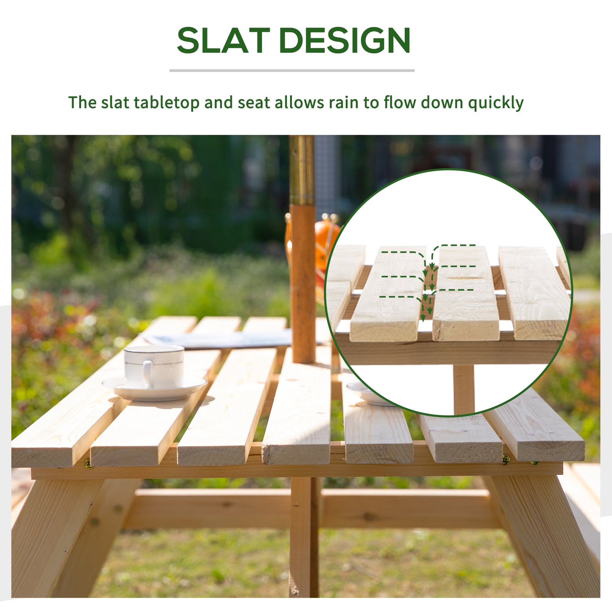 6 Seater Wooden Picnic Table Bench for Outdoor Garden or Patio with Parasol Cutout 150 cm Natural Wood Finish
