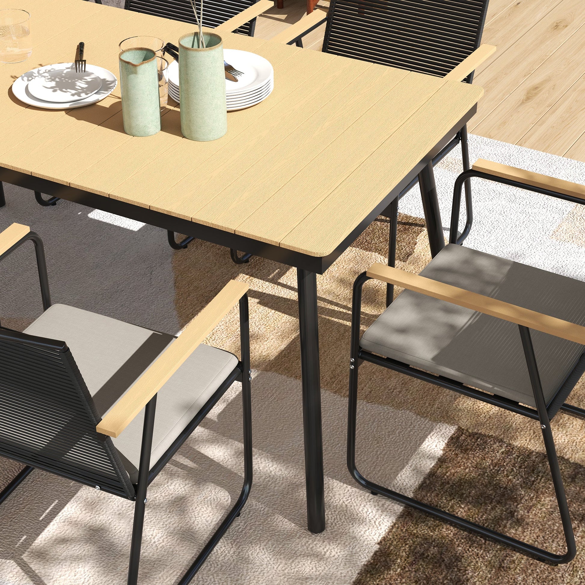 6 Seater Garden Dining Set with Soft Cushions, Rattan Backrest, Rectangular Plastic Top, Garden Furniture Set, Outdoor Dining Table and Chairs for Patio, Balcony, Poolside, Nature Wood Finish