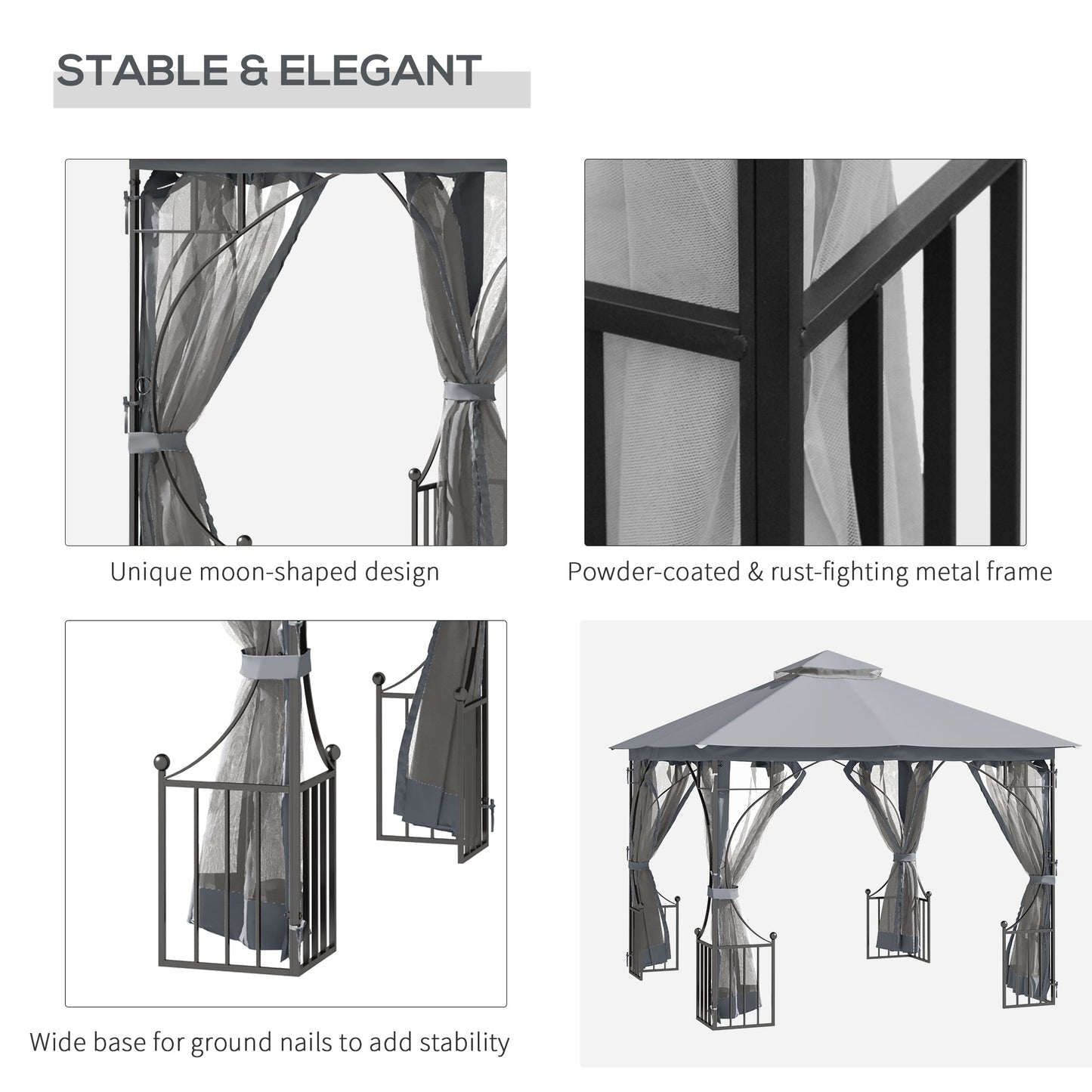 3 x 3m Garden Gazebo Patio Party Tent Shelter Outdoor Canopy Double Tier Sun Shade with Metal Frame and Netting, Light Grey