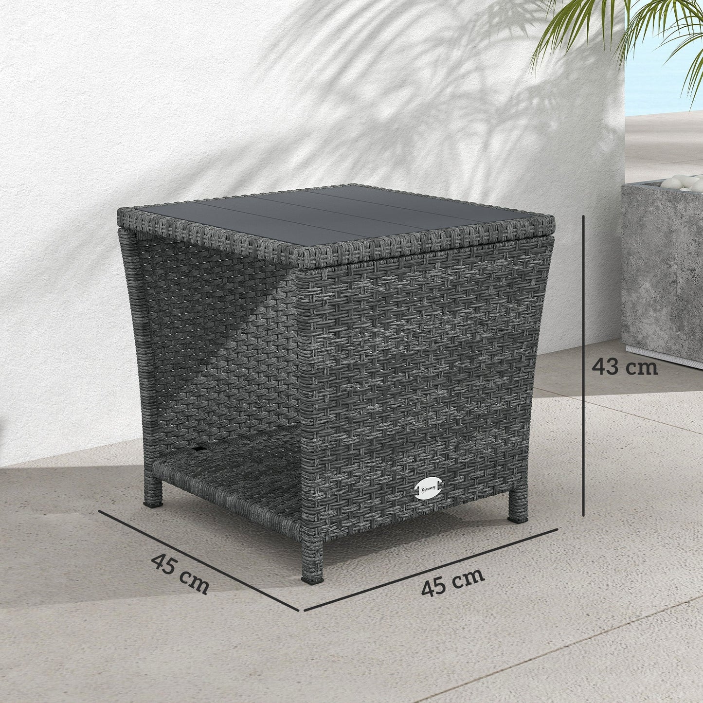 2-Tier PE Rattan Side Table with Storage Shelf, Square Outdoor Coffee Table with PS Wood Slat Top, UV-Resistant for Patio, Garden, Balcony, Grey