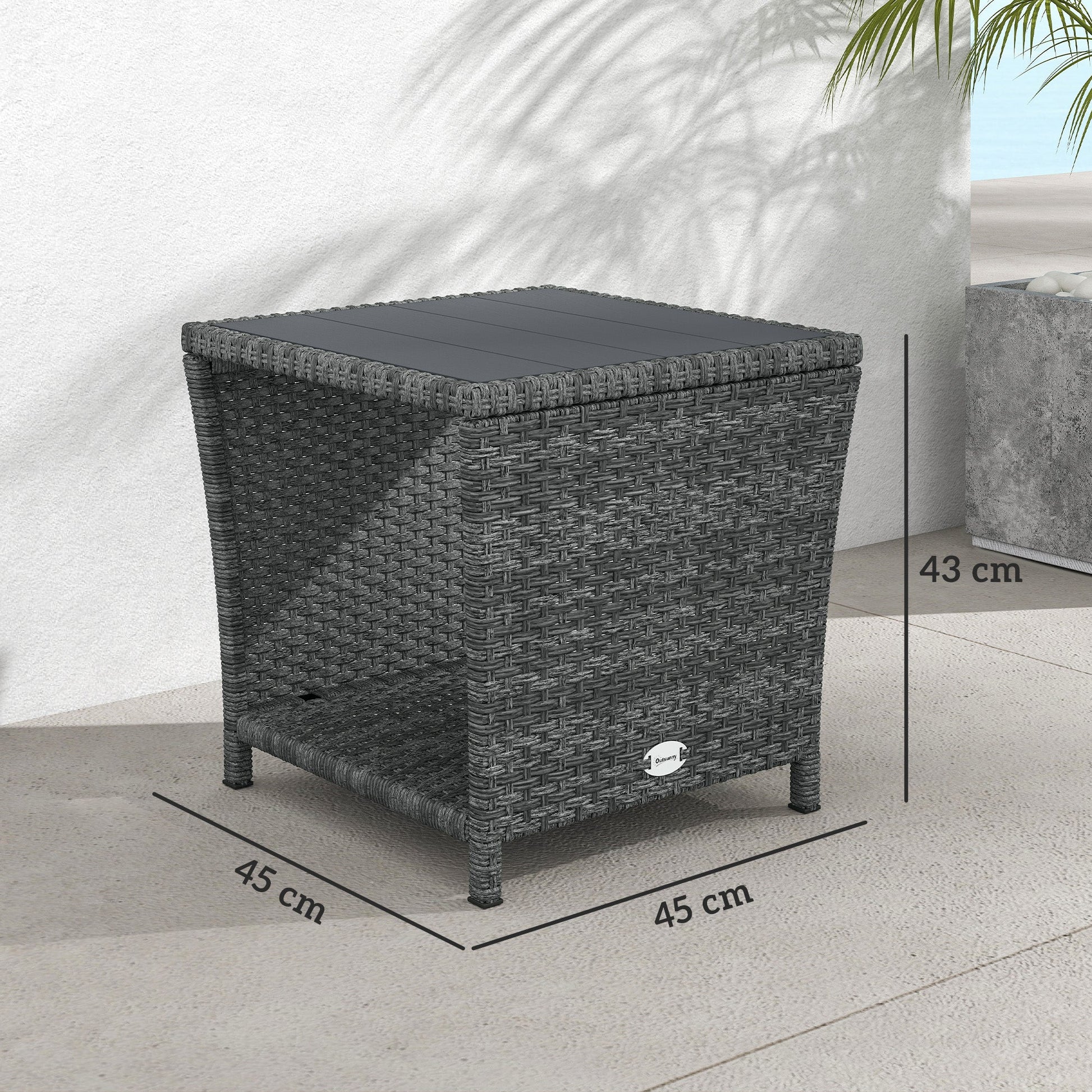 2-Tier PE Rattan Side Table with Storage Shelf, Square Outdoor Coffee Table with PS Wood Slat Top, UV-Resistant for Patio, Garden, Balcony, Grey