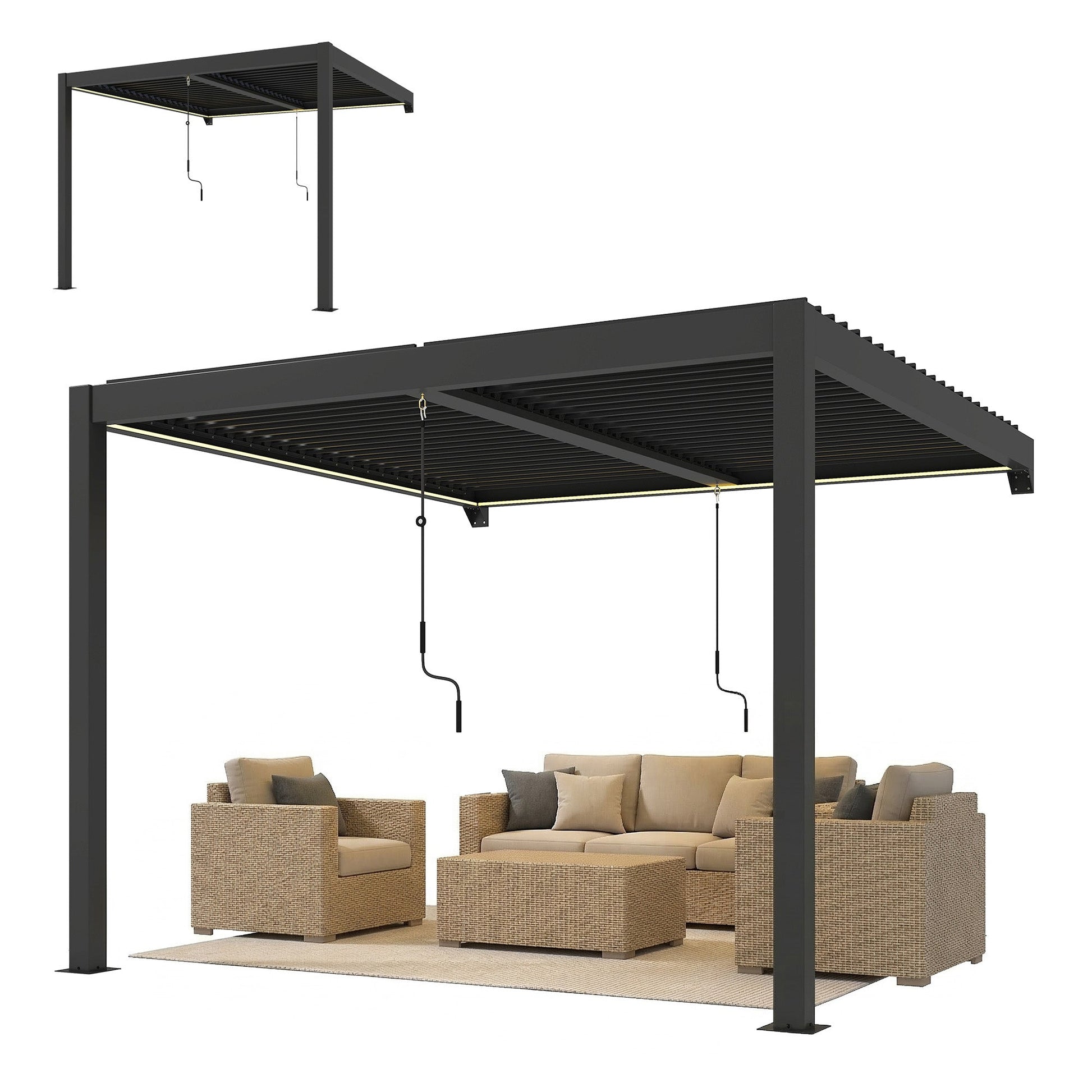 3 x 3 m Louvered Pergola with LED Lights, Adjustable Metal Louvred Roof, Wall Mounted Patio Gazebo Pergola Canopy with Aluminium Frame, Drainage Gutters for Garden Outdoor, Dark Grey