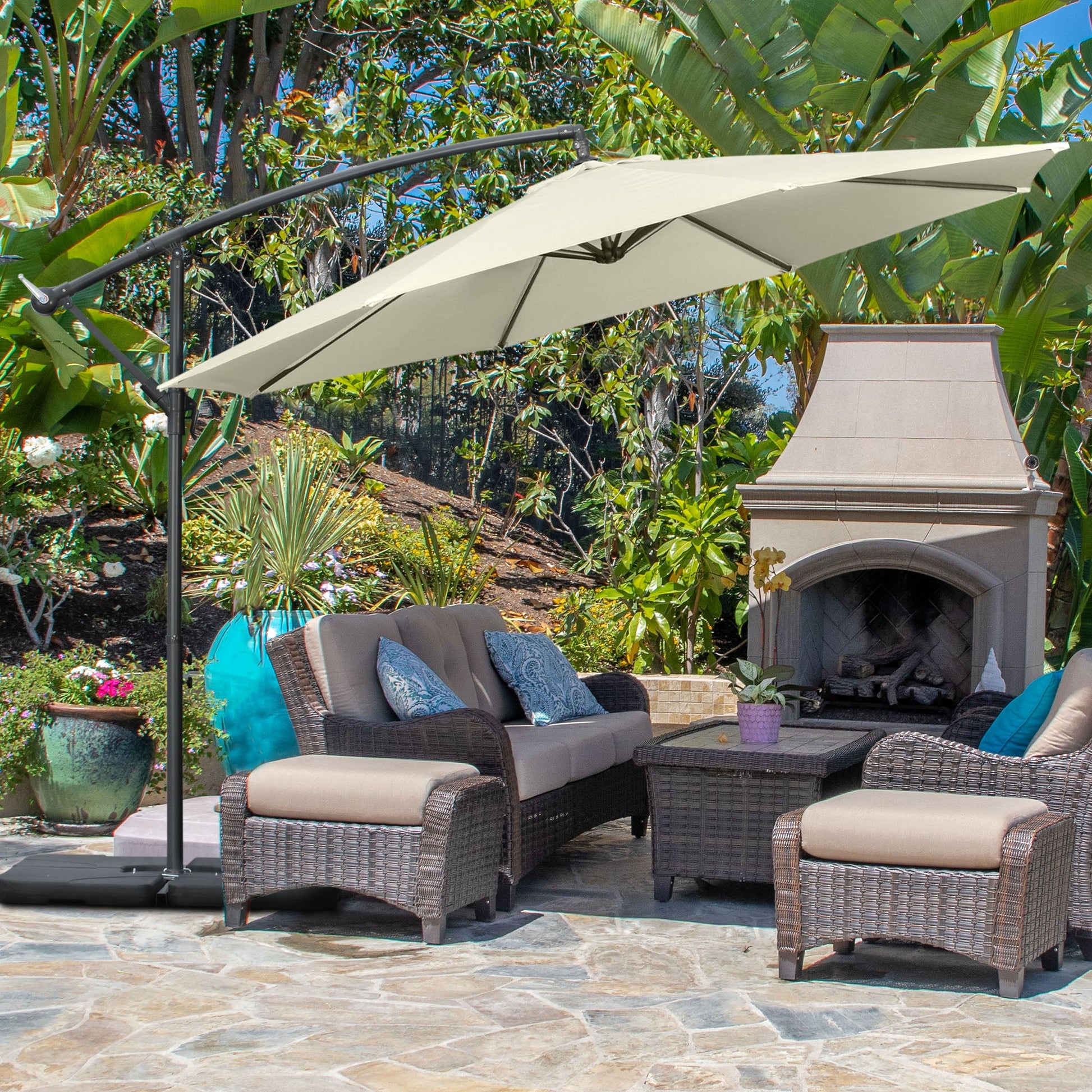 3(m) Garden Banana Parasol Cantilever Umbrella with Crank Handle, Cross Base, Weights and Cover for Outdoor, Hanging Sun Shade, Beige