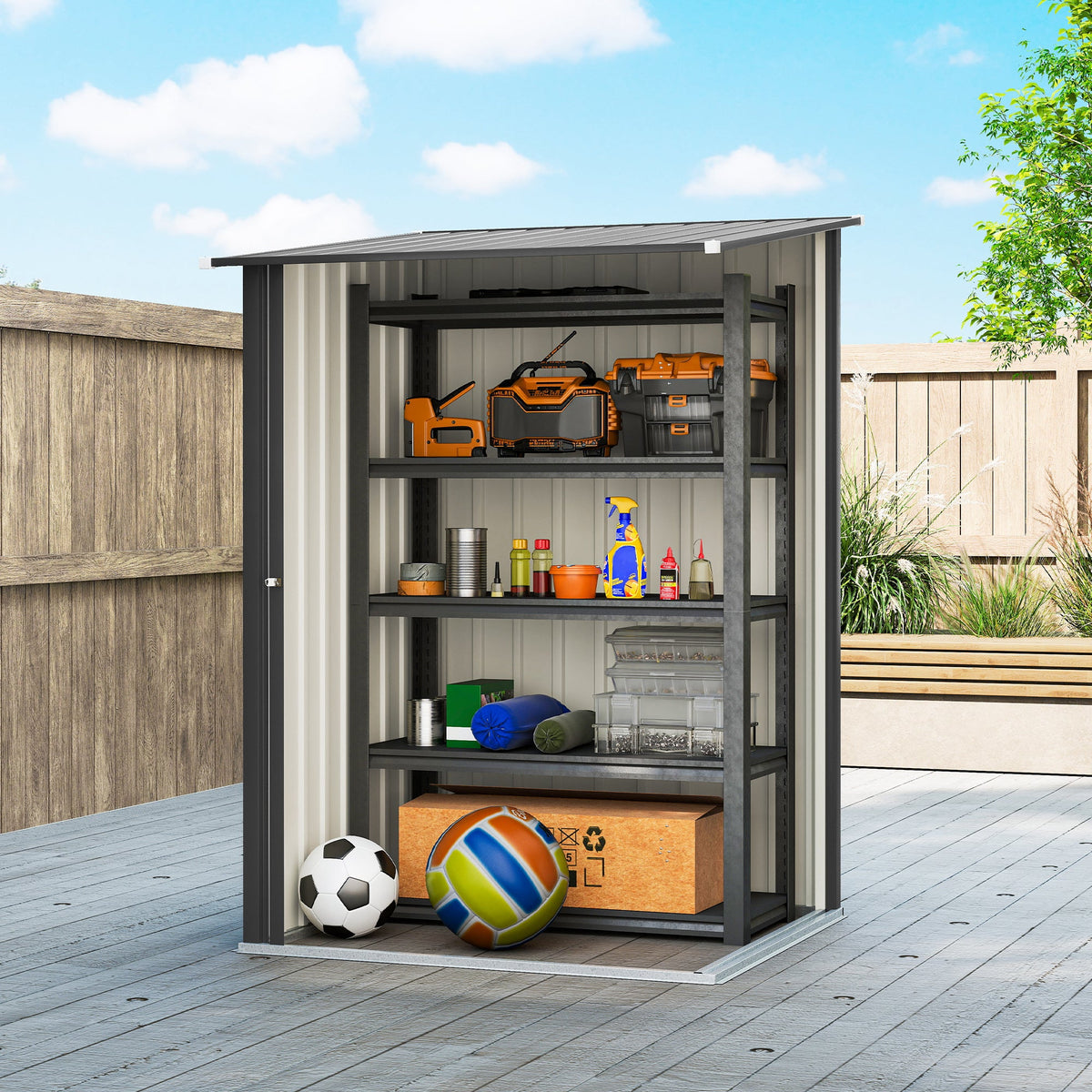3.3ft x 3.4ft Lean to Garden Shed, Metal Outdoor Storage Shed with Single Lockable Door, Tool Storage Shed for Garden, Patio, Dark Grey