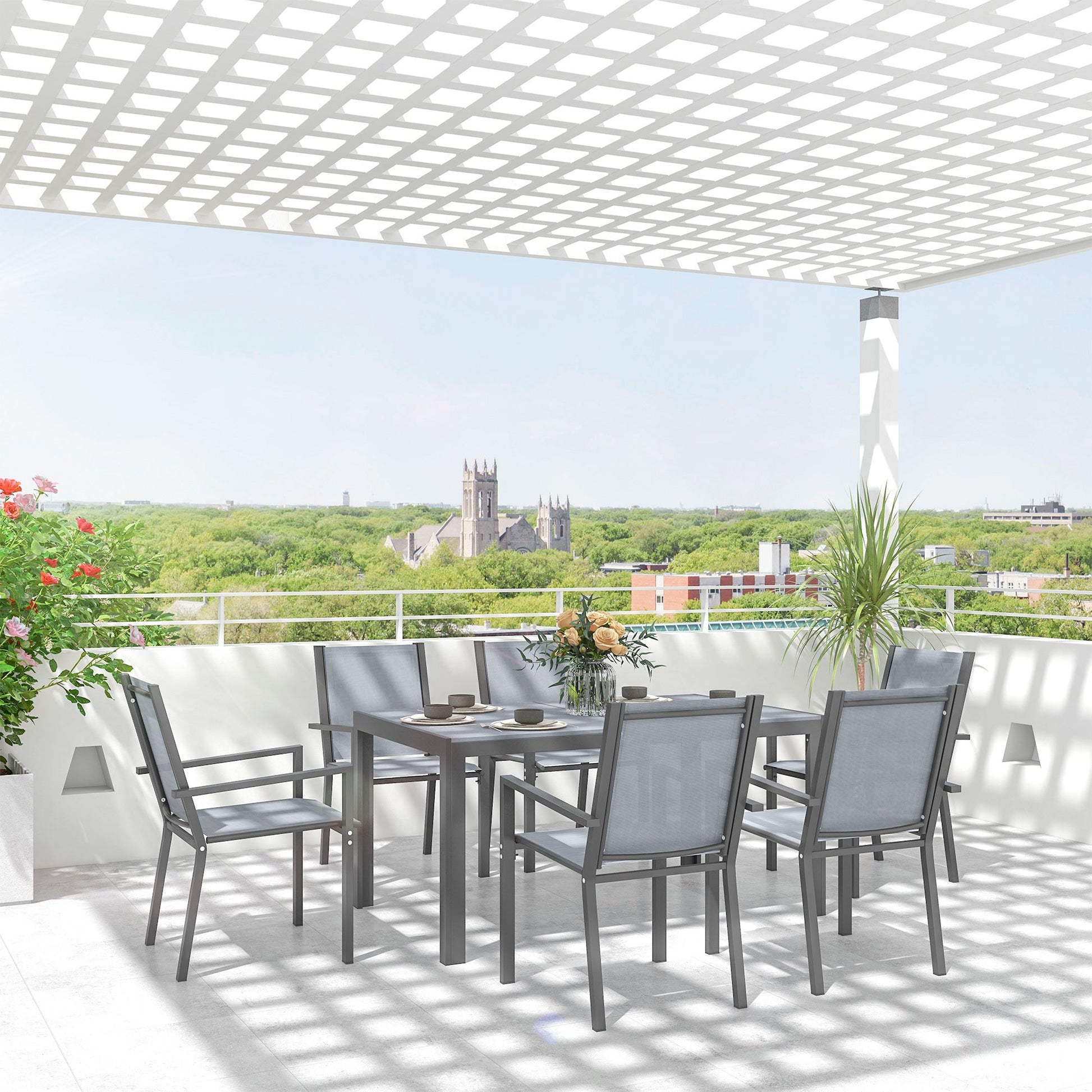 6 Seater Garden Dining Set with Stackable Armchairs, WPC Top Dining Table, Outdoor Table and Chairs, Garden Furniture Set, Light Grey