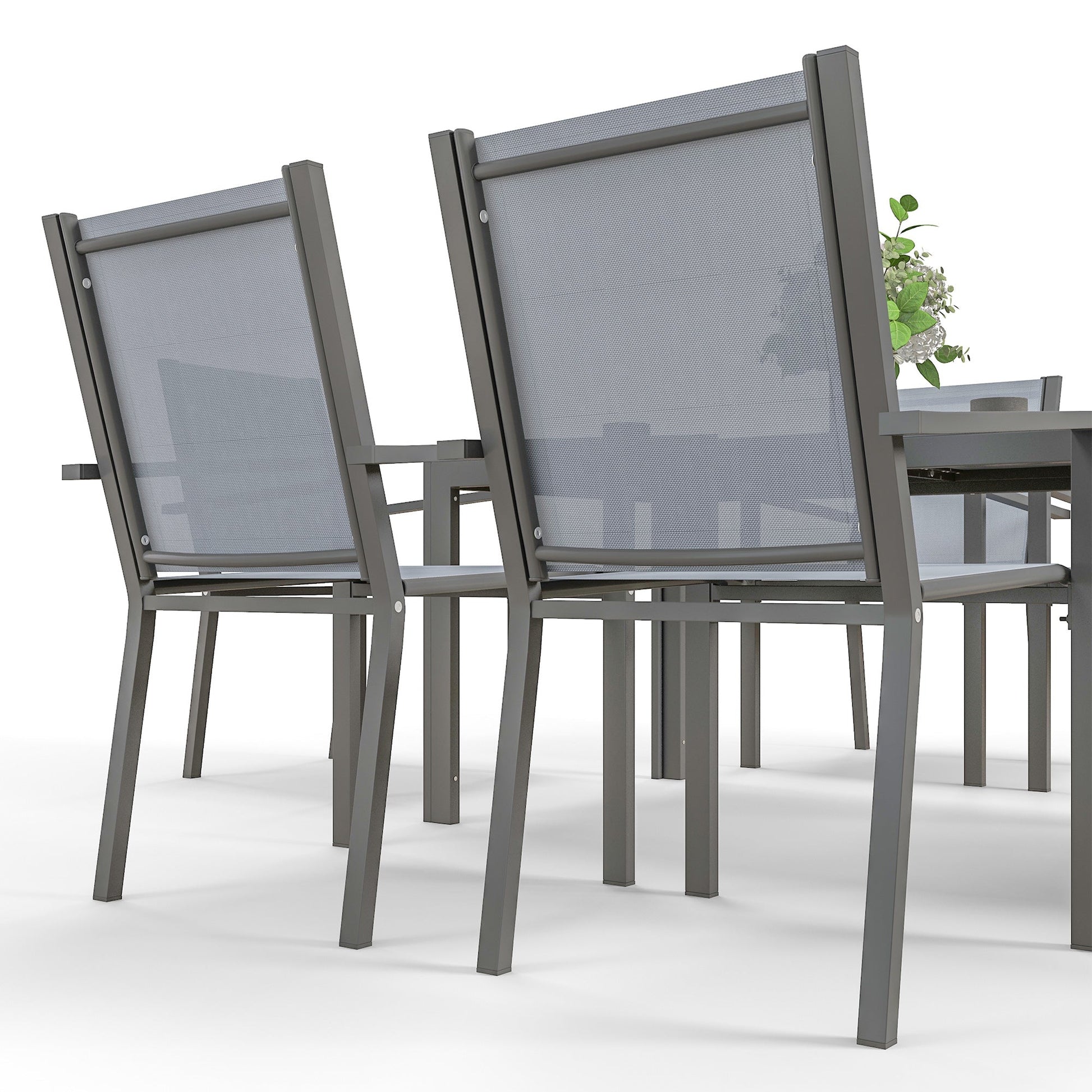 6 Seater Garden Dining Set with Stackable Armchairs, WPC Top Dining Table, Outdoor Table and Chairs, Garden Furniture Set, Light Grey