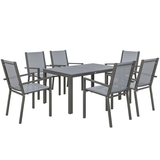 6 Seater Garden Dining Set with Stackable Armchairs, WPC Top Dining Table, Outdoor Table and Chairs, Garden Furniture Set, Light Grey