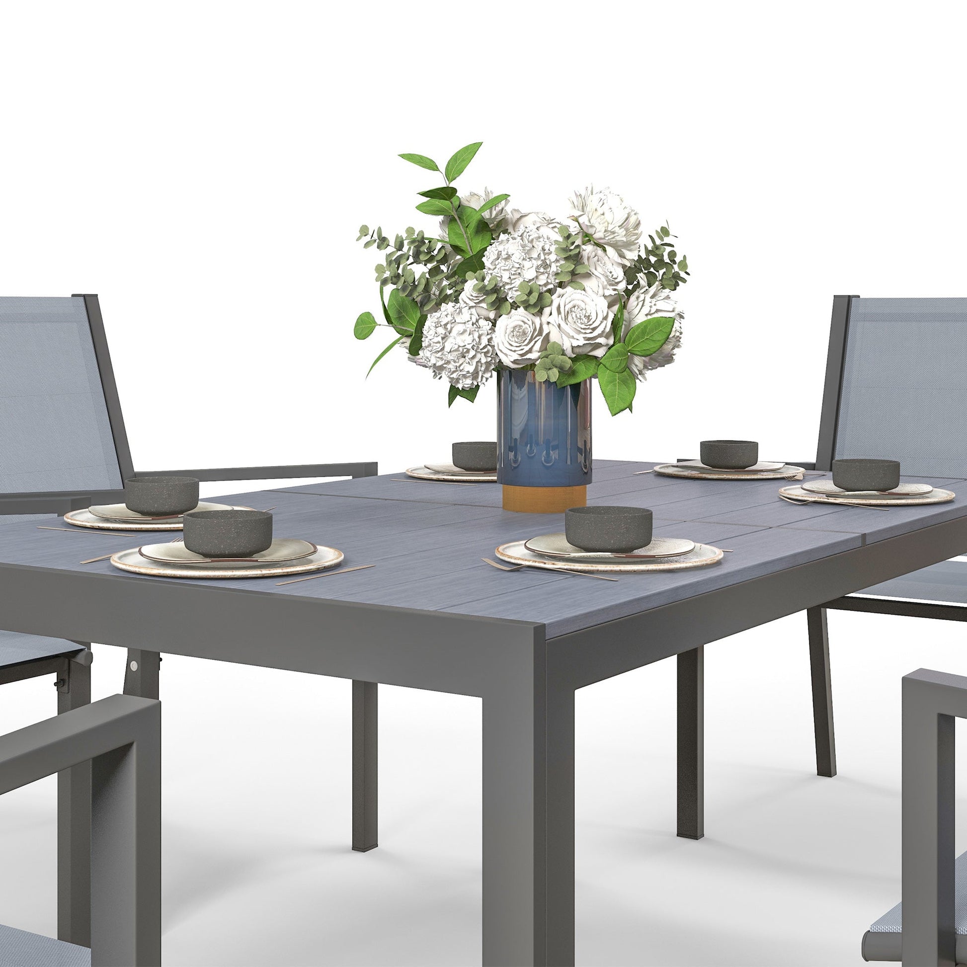 6 Seater Garden Dining Set with Stackable Armchairs, WPC Top Dining Table, Outdoor Table and Chairs, Garden Furniture Set, Light Grey