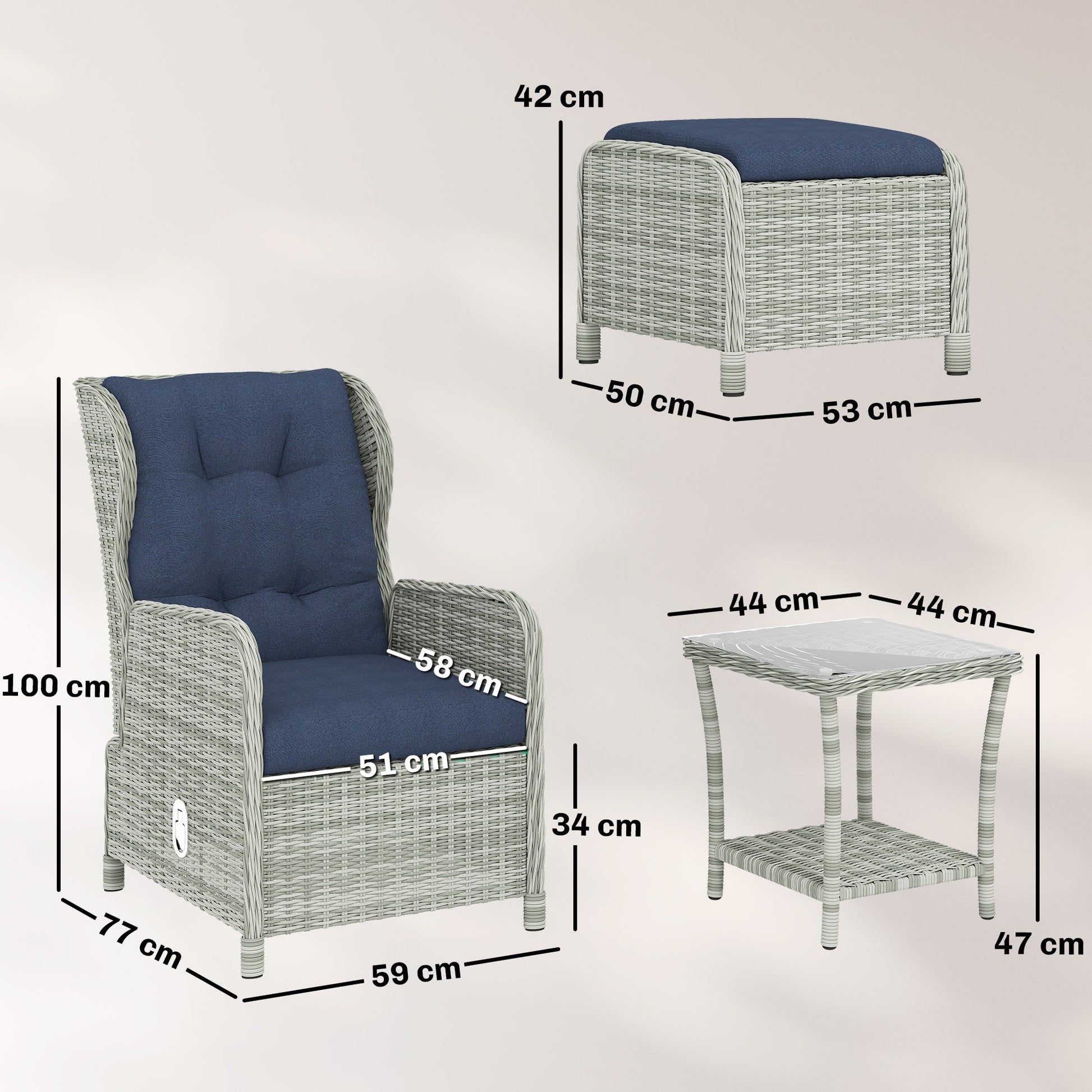 5 Piece Garden Furniture Set, Rattan Reclining Garden Chair Set of 2 with Glass-Top Coffee Table, Footstool and Thickness Cushion for Balcony, Patio, Dark Blue