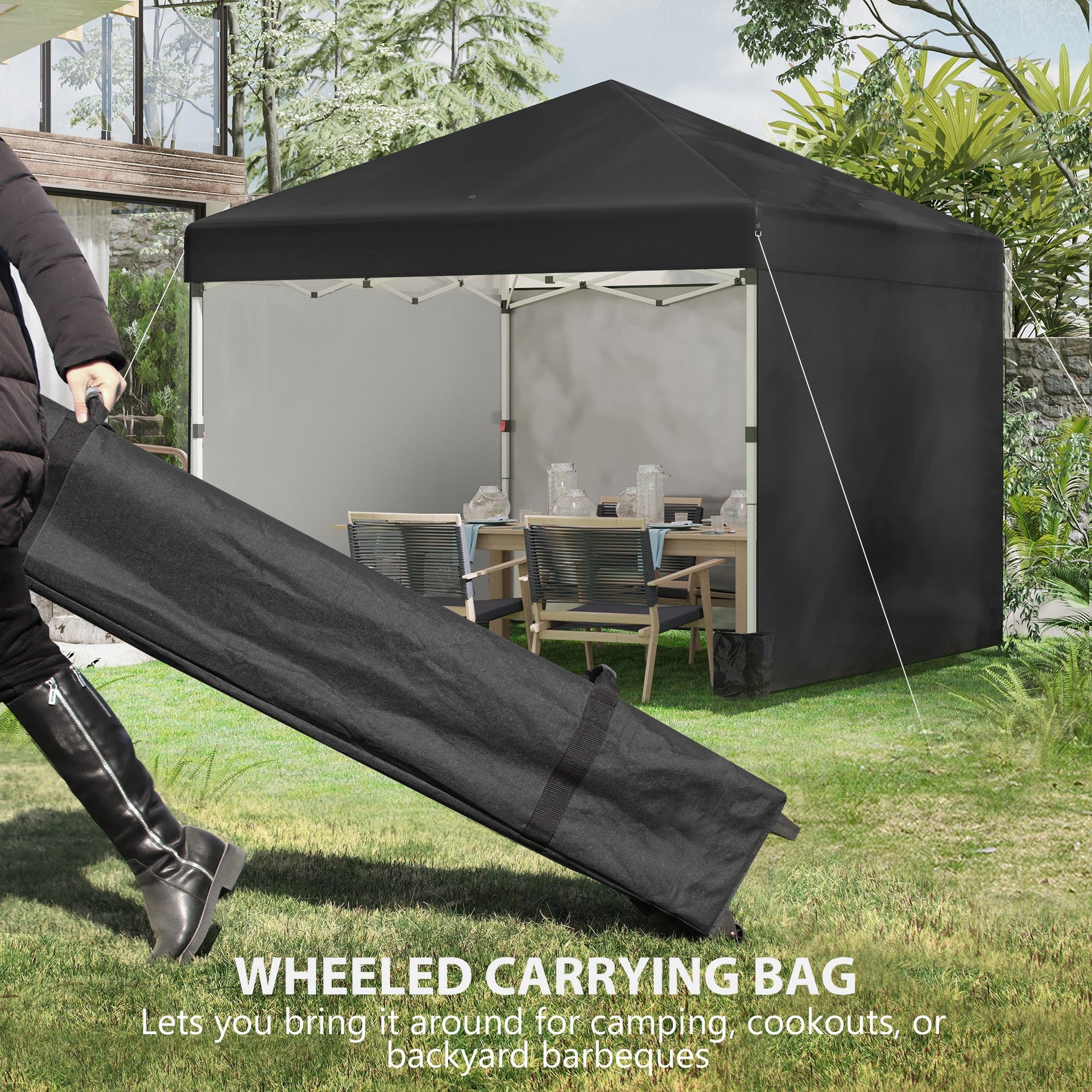 3 x 3 (M) Pop Up Gazebo with 3 Sidewalls, Leg Weight Bags and Wheeled Bag, Height Adjustable Party Tent Event Shelter for Garden, Patio, Black