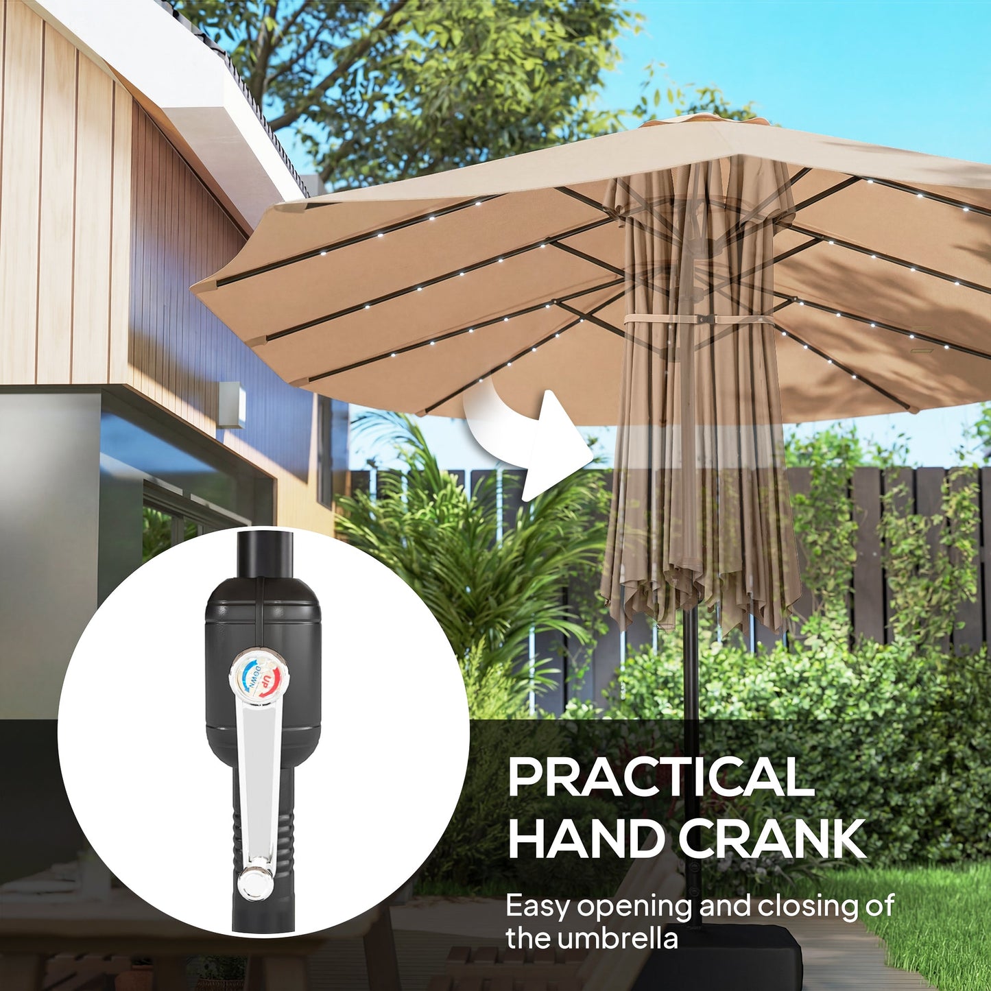 4.5m Garden Parasol Double Sided Umbrella with Base and Sandbags, 60 Solar Powered LED Lights, Patio Umbrella with Crank Handle, Ribs, Water Repellent, Khaki