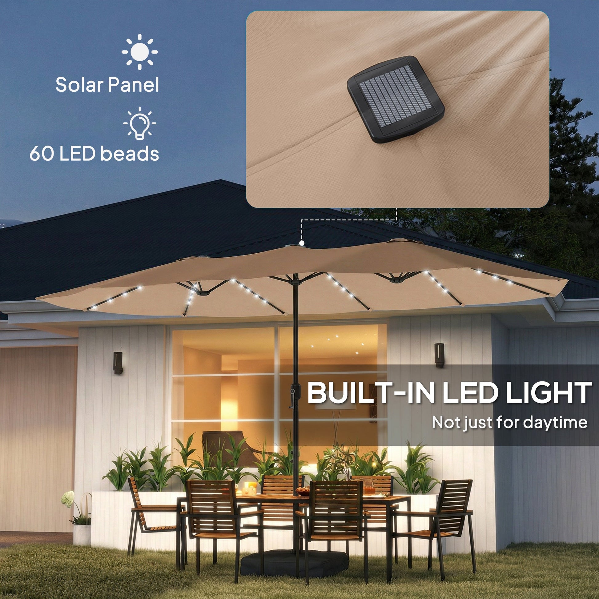 4.5m Garden Parasol Double Sided Umbrella with Base and Sandbags, 60 Solar Powered LED Lights, Patio Umbrella with Crank Handle, Ribs, Water Repellent, Khaki