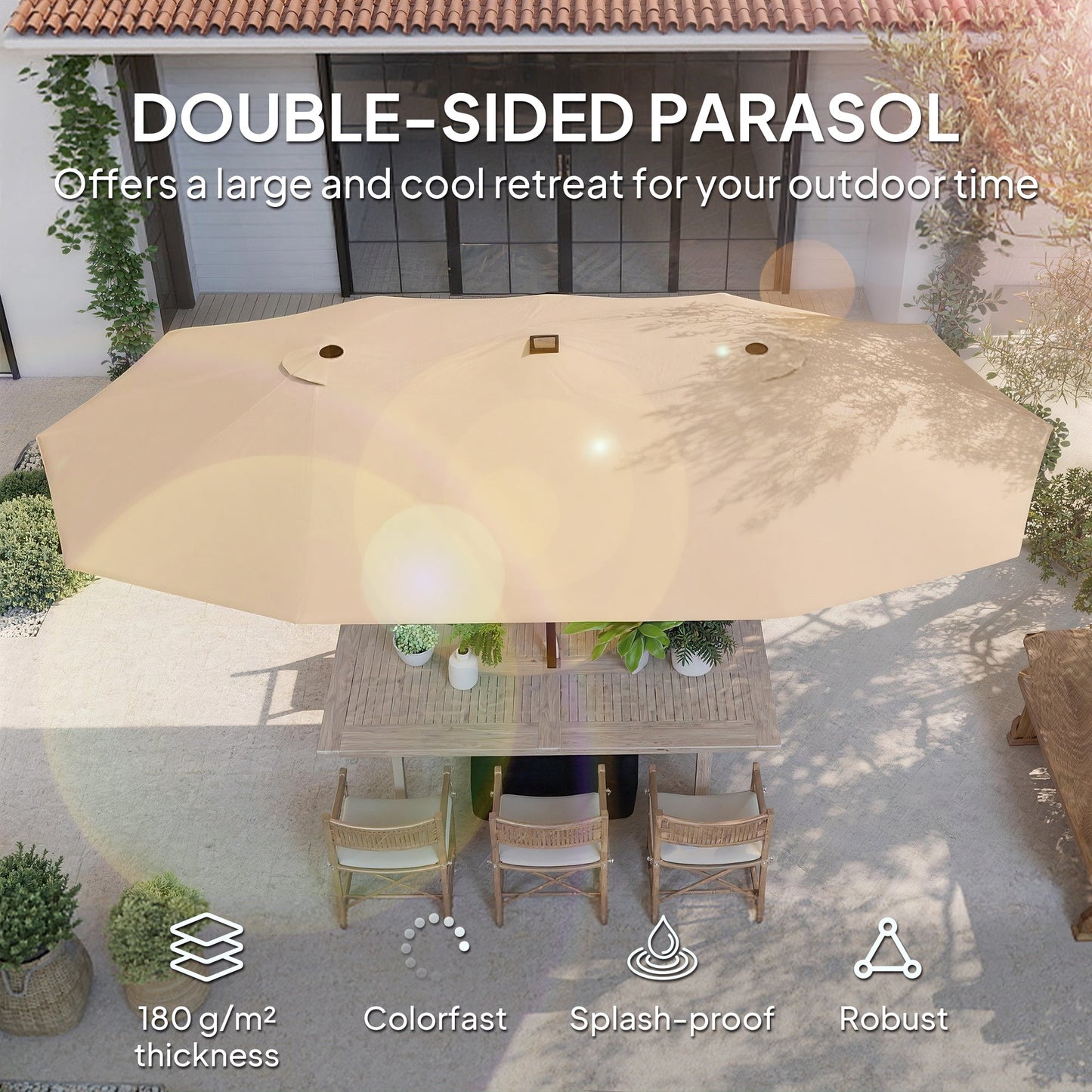4.5m Garden Parasol Double Sided Umbrella with Base and Sandbags, 60 Solar Powered LED Lights, Patio Umbrella with Crank Handle, Ribs, Water Repellent, Khaki