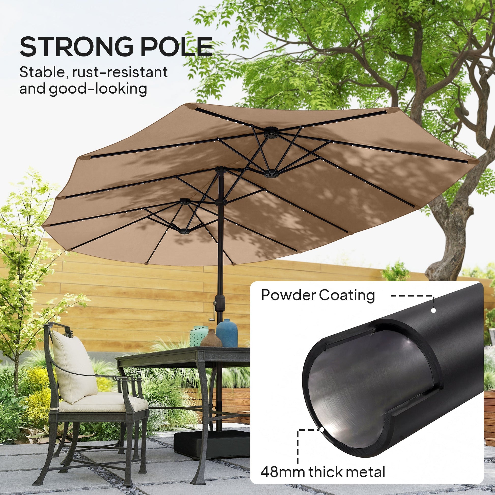 4.5m Garden Parasol Double Sided Umbrella with Base and Sandbags, 60 Solar Powered LED Lights, Patio Umbrella with Crank Handle, Ribs, Water Repellent, Khaki