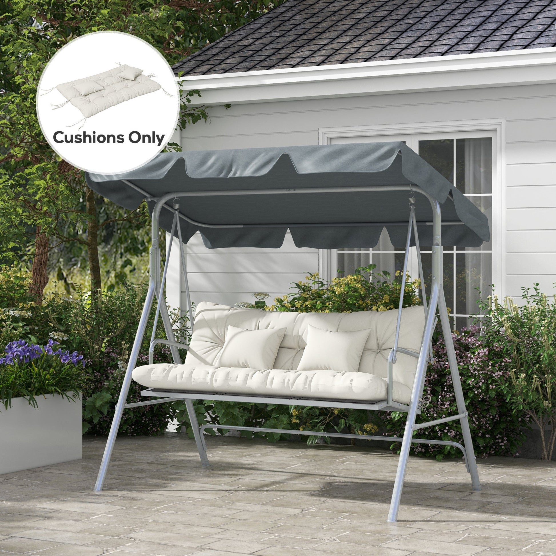 Outdoor Seat Cushions Back Cushion with 2 Pillows, Water Repellent Seat Pads for 3-Seater Chair, Swing, Sofa, CUSHIONS ONLY, NO SWING, White