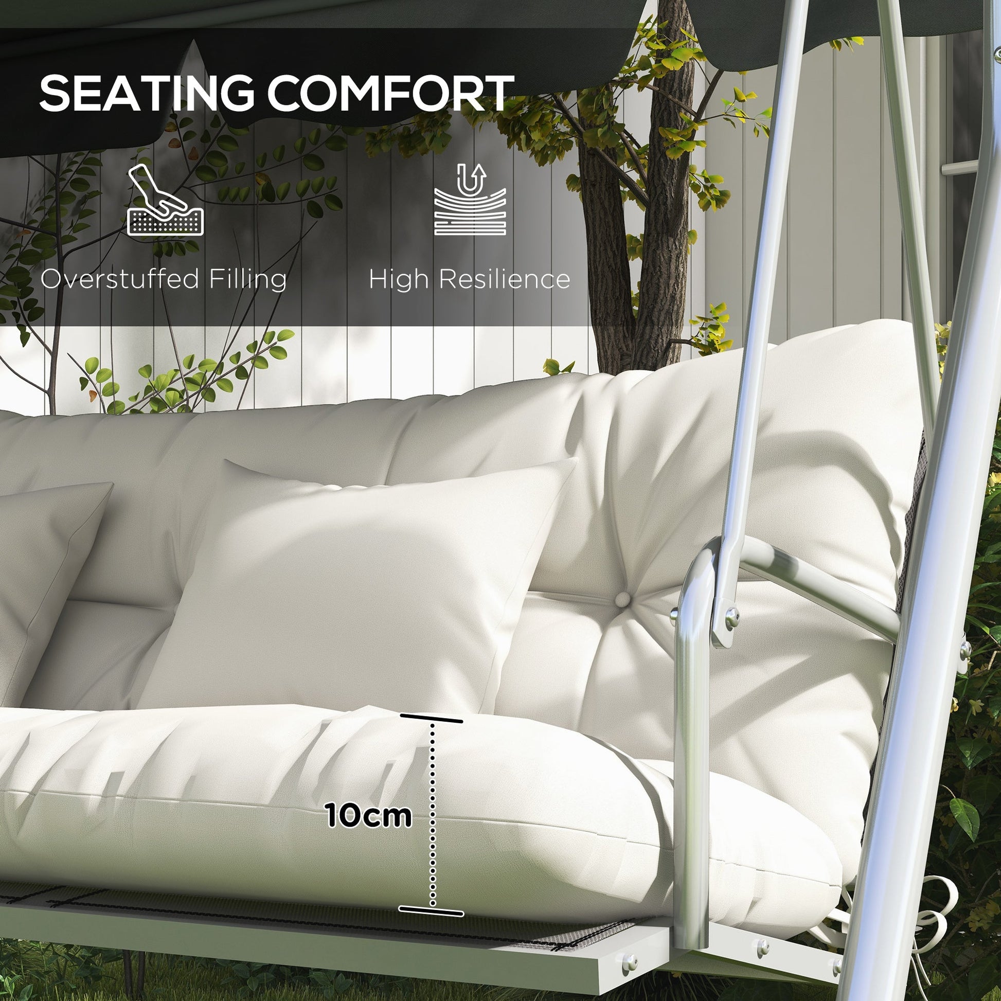Outdoor Seat Cushions Back Cushion with 2 Pillows, Water Repellent Seat Pads for 3-Seater Chair, Swing, Sofa, CUSHIONS ONLY, NO SWING, White