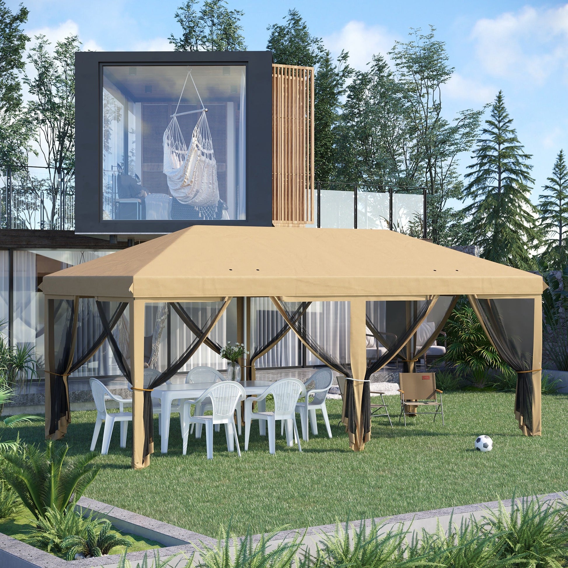 3 x 6m Pop Up Gazebo, Outdoor Canopy Shelter, Marquee Party Wedding Tent with 6 Mesh Walls and Carry Bag, Beige