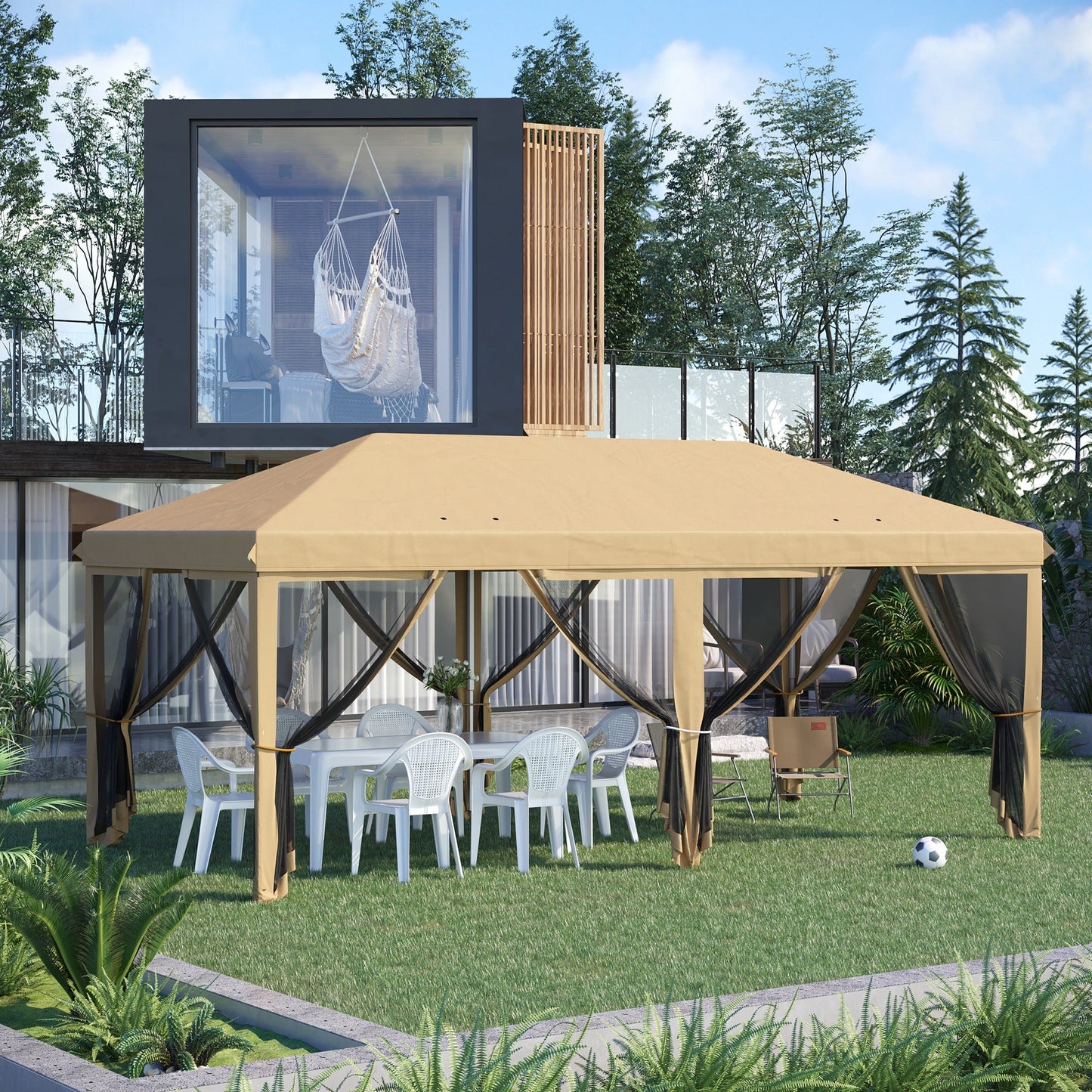 3 x 6m Pop Up Gazebo, Outdoor Canopy Shelter, Marquee Party Wedding Tent with 6 Mesh Walls and Carry Bag, Beige