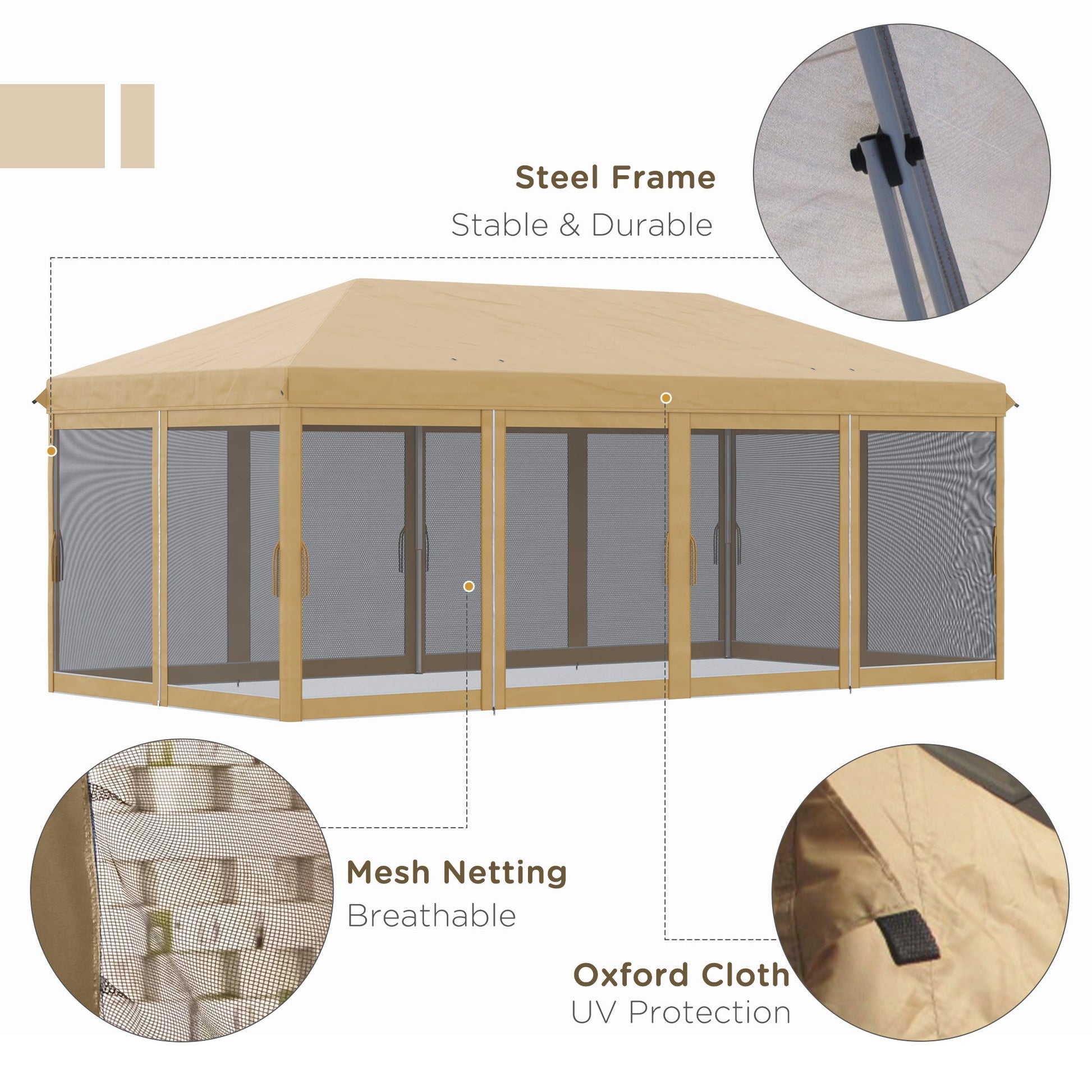 3 x 6m Pop Up Gazebo, Outdoor Canopy Shelter, Marquee Party Wedding Tent with 6 Mesh Walls and Carry Bag, Beige