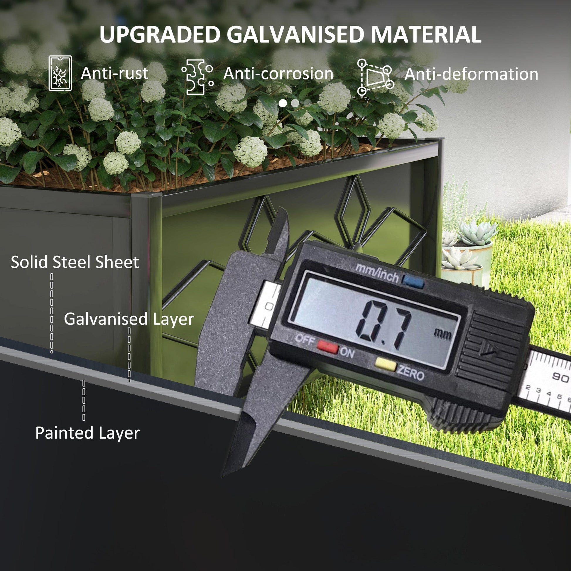 Raised Bed for Garden with Trellis, Galvanised Planter Box with Diamond Pattern, Drainage Holes for Vegetables, Herbs and Flowers, 90 x 40 x 120 cm, Black